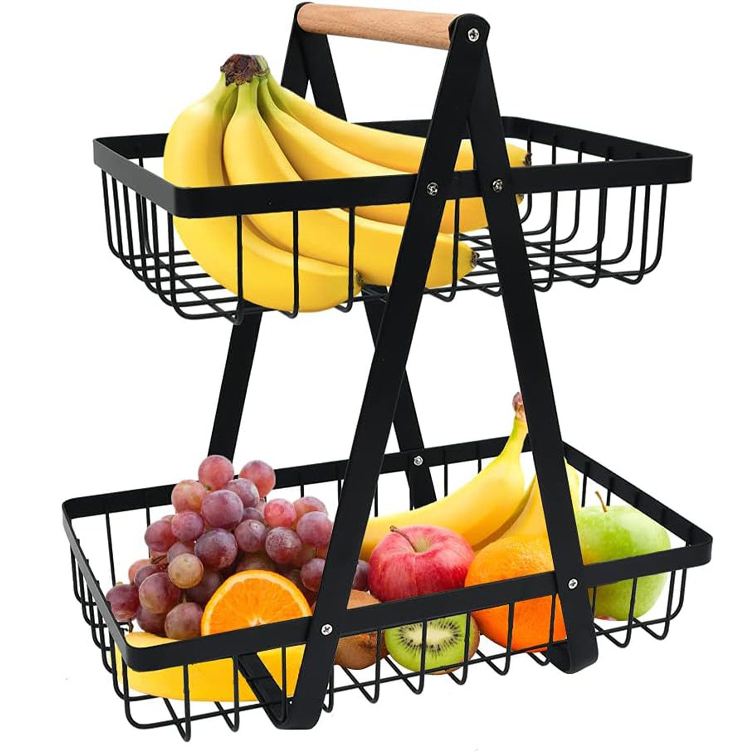 Etagere Obst Obstkorb Abnehmbar fruit Basket Aufbewahrung mit Holzgriff