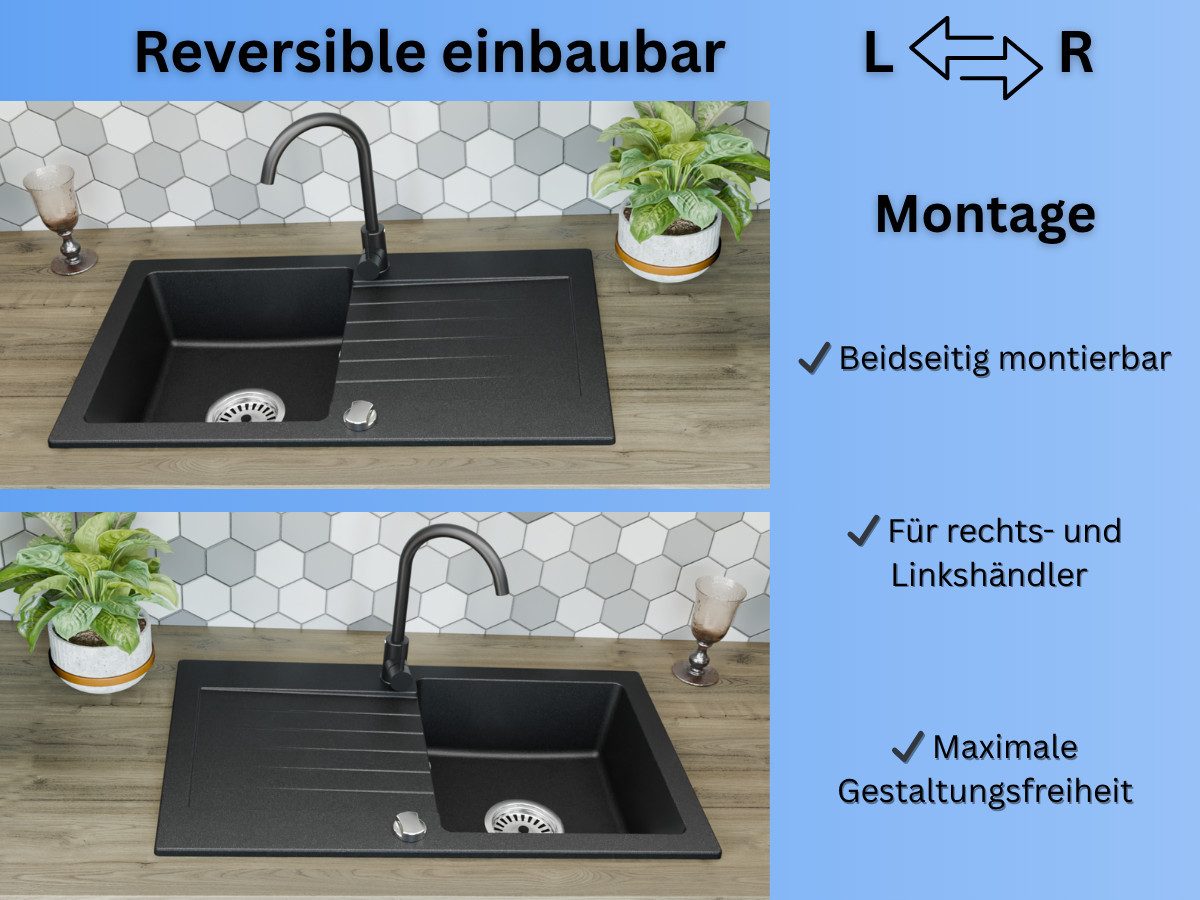 Faizee Möbel Granitspüle Granitspüle 76x44 Schwarz+ Armatur Schwarz Eckig inkl Siphon, Eckig, 75/43,5 cm – Bild 3 von 5
