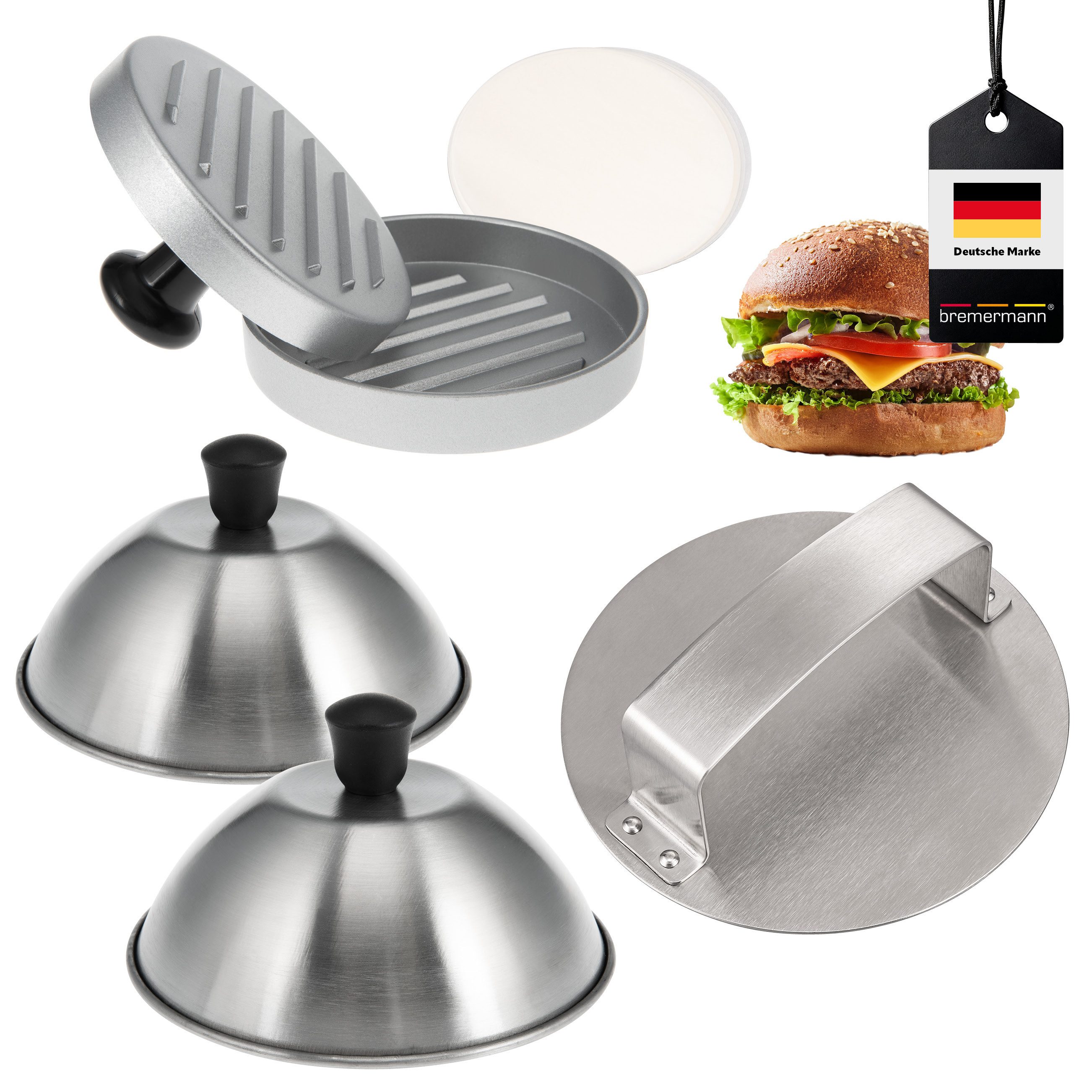 Burgerpresse Burger-Set 5tlg., Burgerpresse, Burgerhaube, Burgerpapier