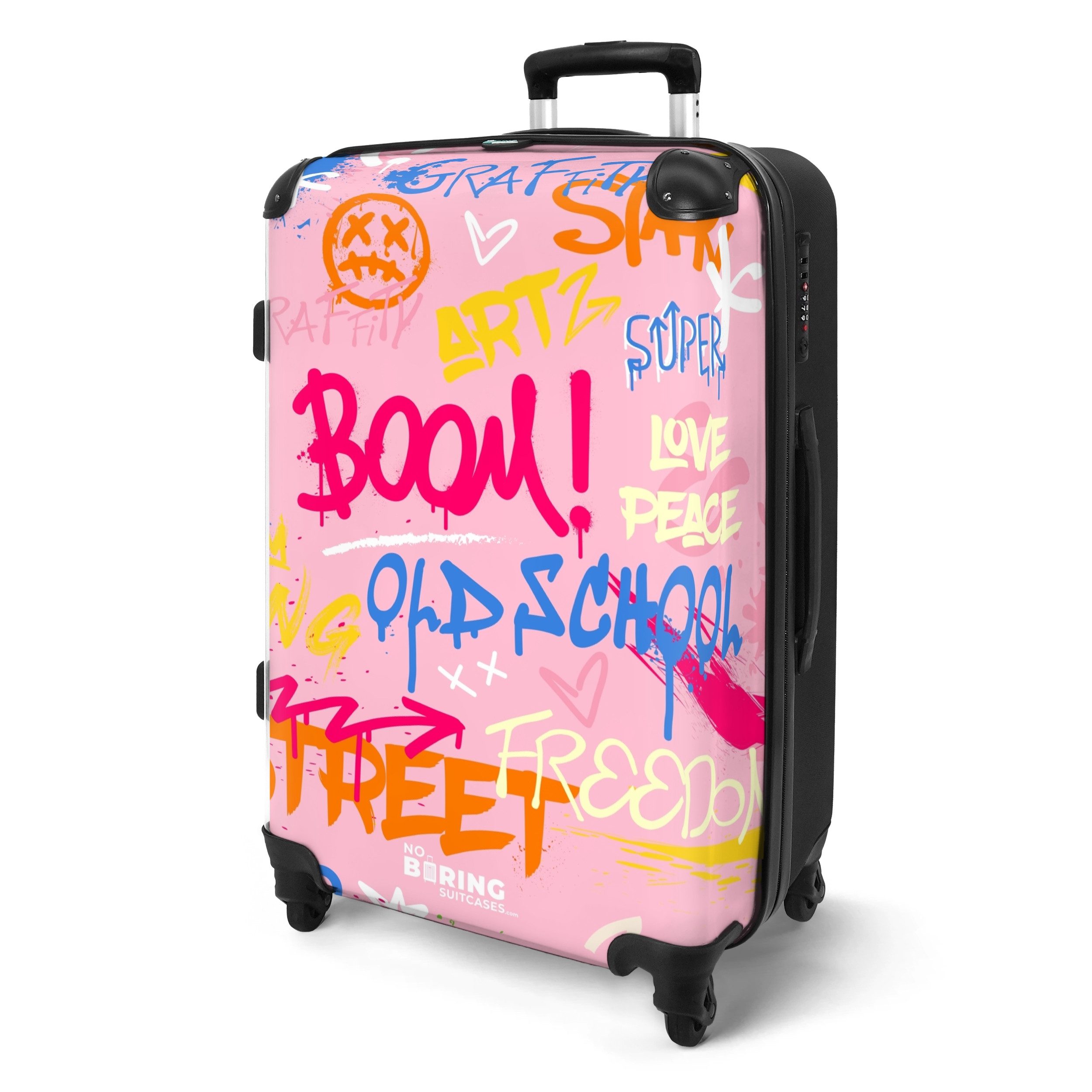NoBoringSuitcases.com© Hartschalen-Trolley Rosa Hintergrund mit buntem günstig online kaufen