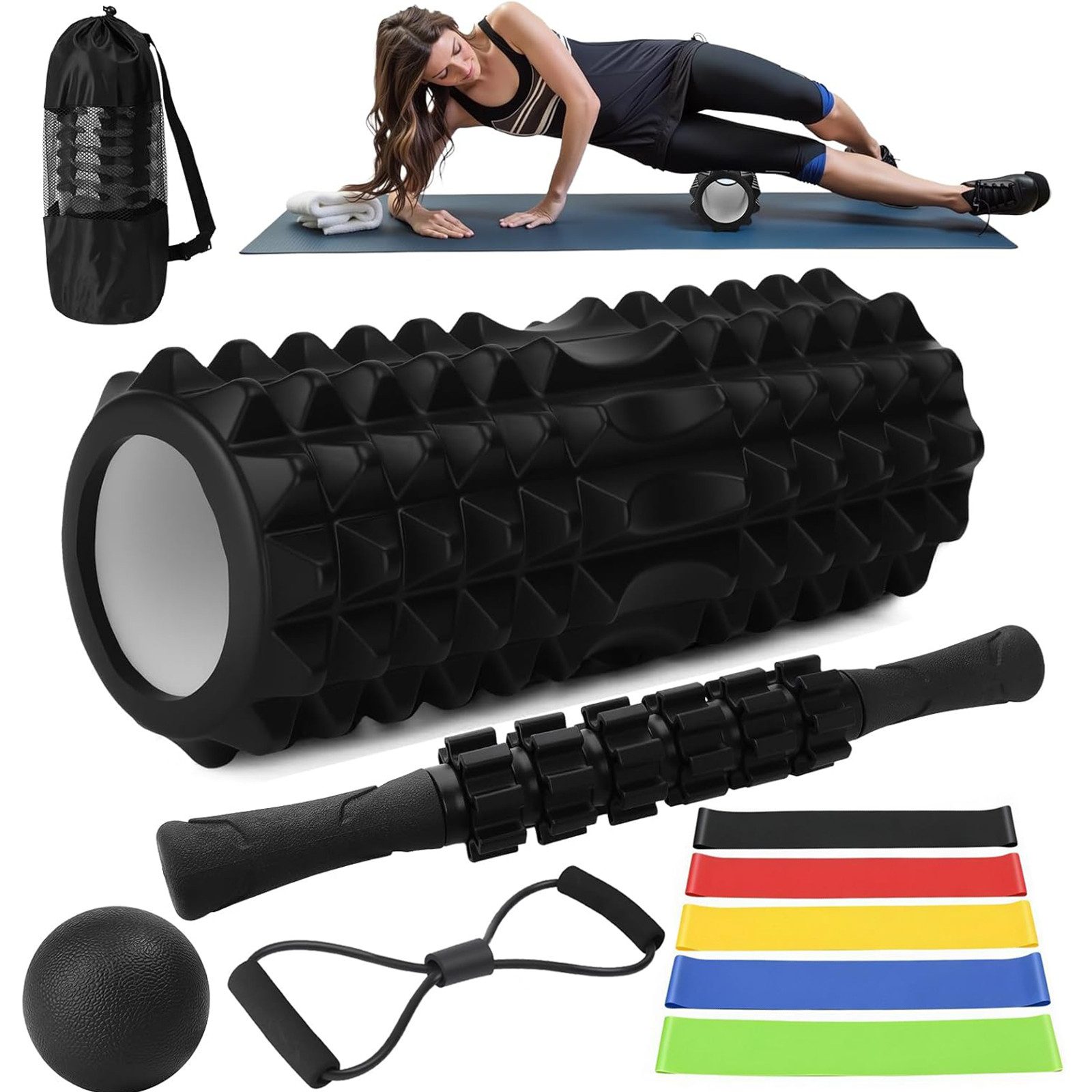 SURFOU Faszienrolle Set 10-in-1 mit Massagestab, Massageball & Bändern, 33cm, Für Muskelregeneration, Wirbelsäule & Fußmassage, inkl. Tasche