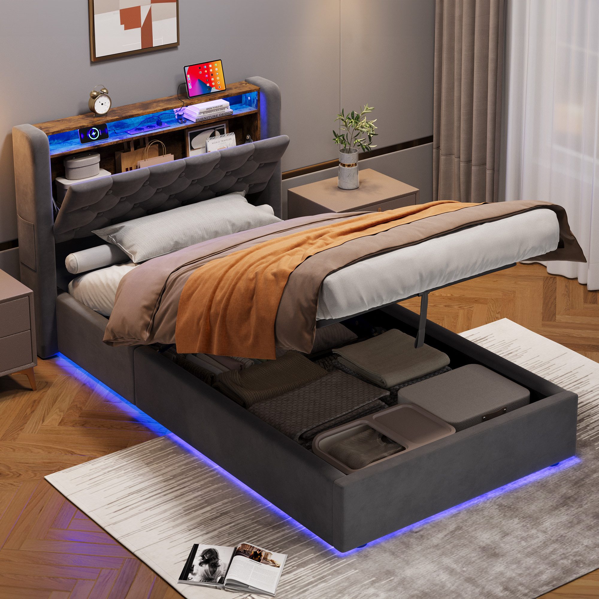 REDOM Polsterbett Hollandvelours-Bezug, mit Stauraum & Ablage (Funktionsbett, 1-tlg., Robuster Metallrahmen, Lattenrost inklusive, ohne Matratze), 90x200 cm mit LED-Beleuchtung und USB-Anschlüssen