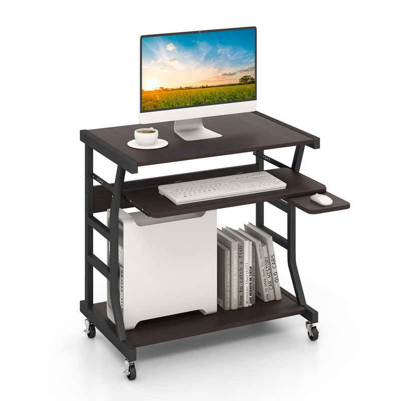 COSTWAY Computertisch, mit ausziehbarer Tastaturablage & Rollen, 75x50x75cm