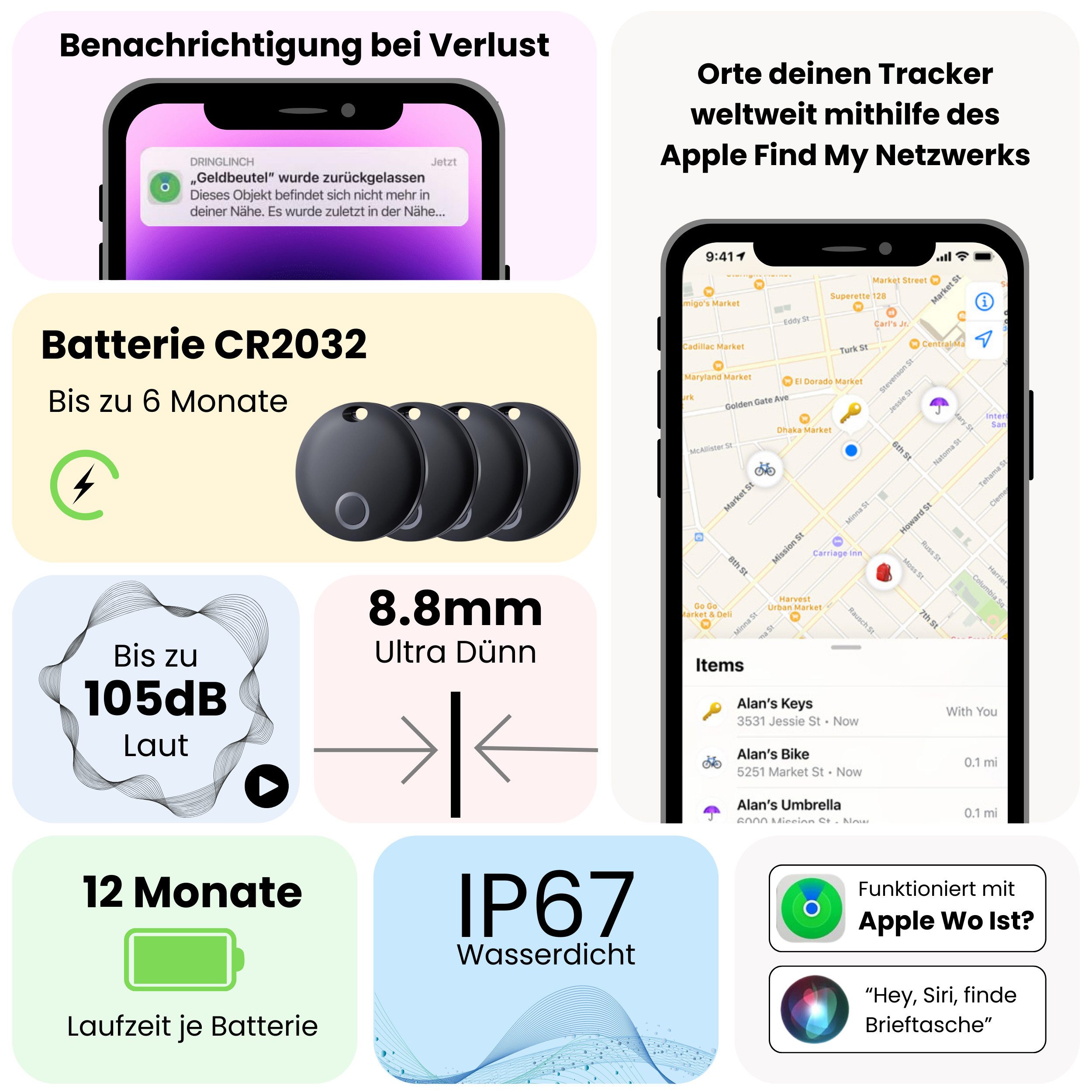S&T Design Smart Tag Koffer Hunde Tracker kompatibel mit Apple Wo GPS-Tracker (iOS GPS Tracker Wasserdicht Wo Ist Kompatibeler Tracker für Apple MFi)