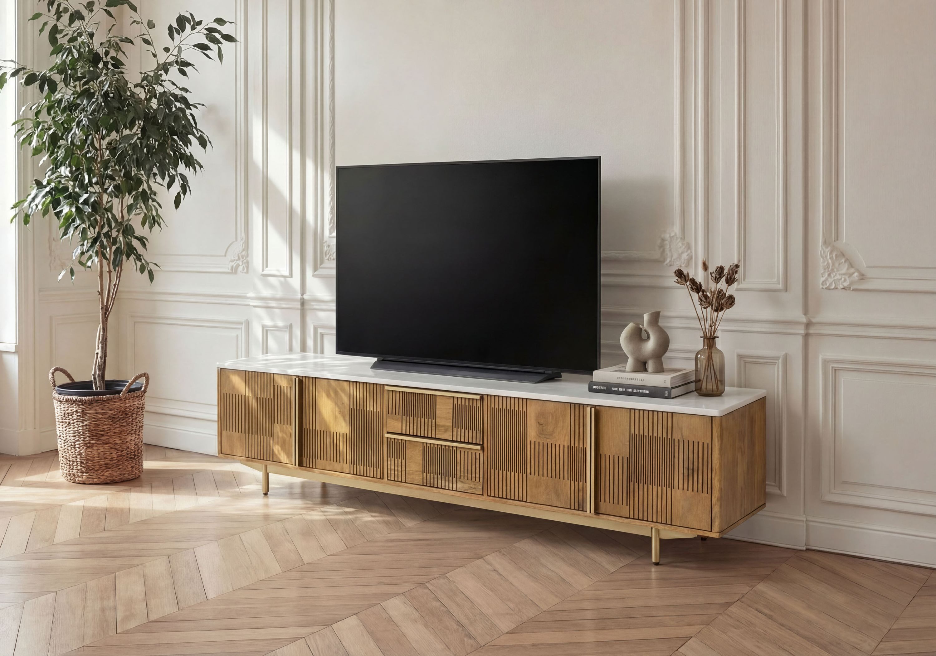 Massivmoebel24 TV-Board MIAMI (Massivholz), Mango 200x40x50 hellbraun geölt / Marmor weiß MIAMI #105