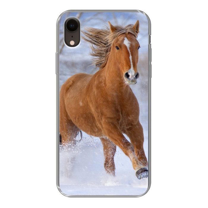 MuchoWow Handyhülle Pferd - Schnee - Braun Handyhülle Apple iPhone XR Smartphone-Bumper Print Handy