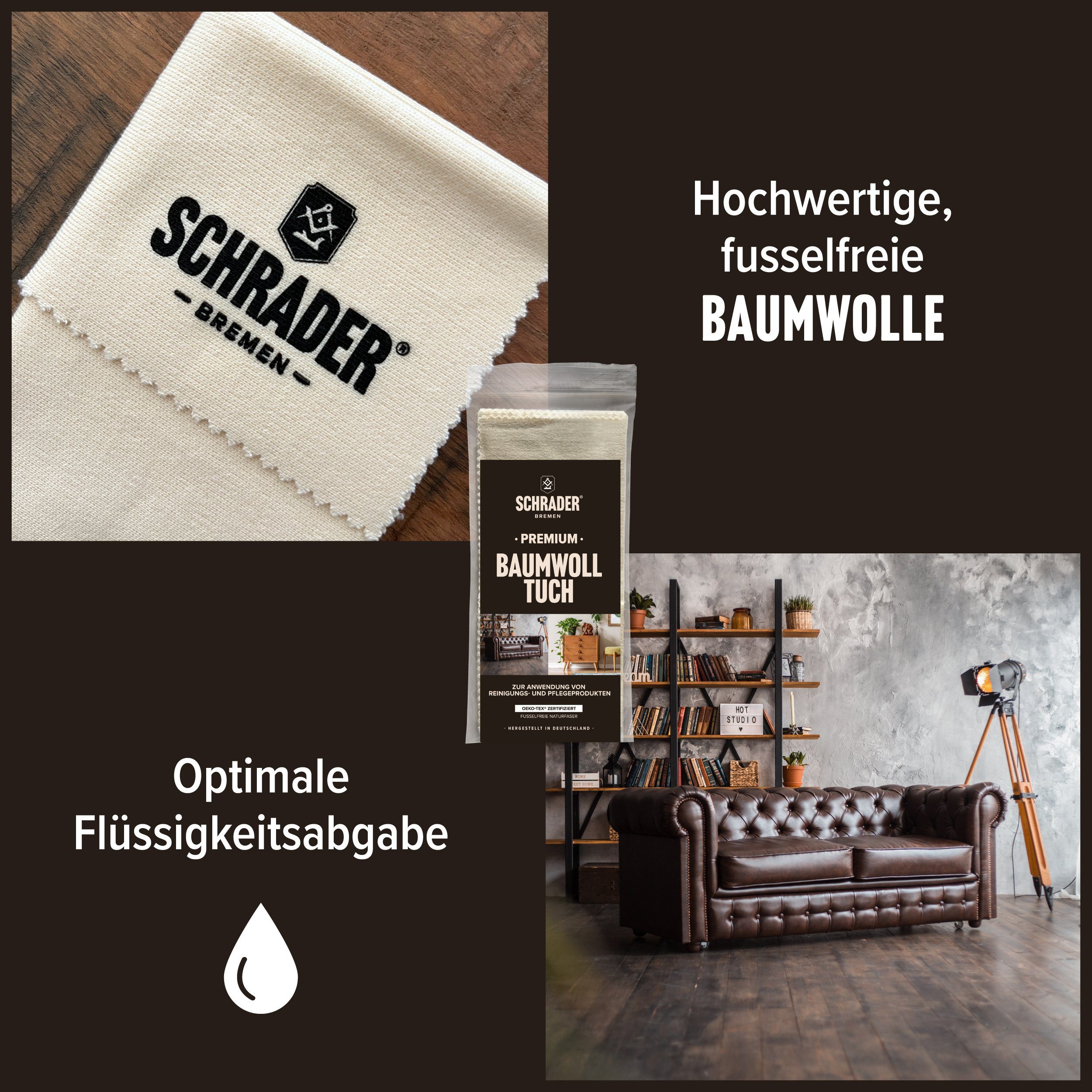 Schrader Leder Reiniger + Leder in - Reinigung/Pflege Germany) von Baumwolltuch - Made Lederreiniger Set (zur zweiteiliges einfachen