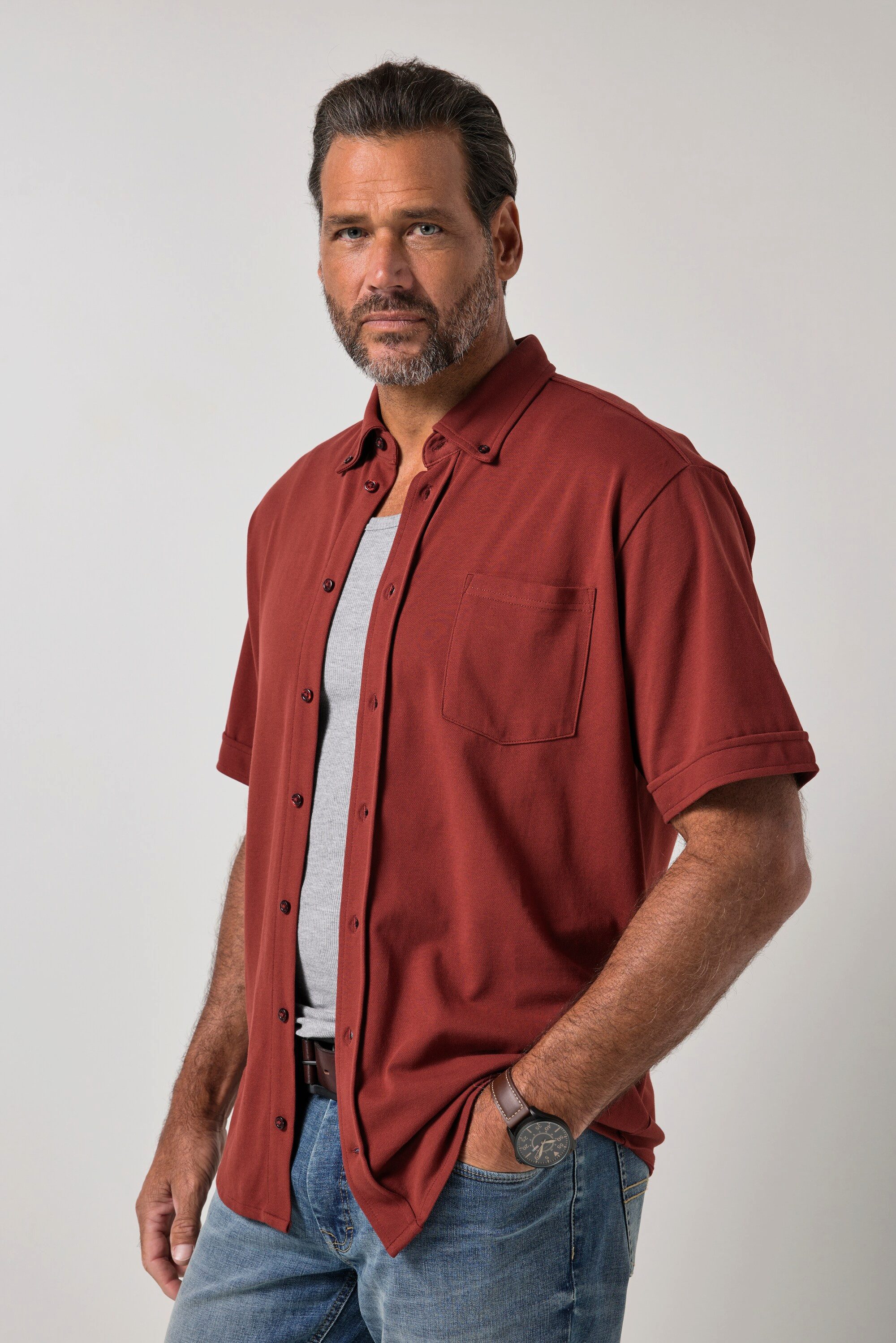 JP1880 Kurzarmhemd Piqué-Hemd FLEXNAMIC® Halbarm Buttondown-Kragen