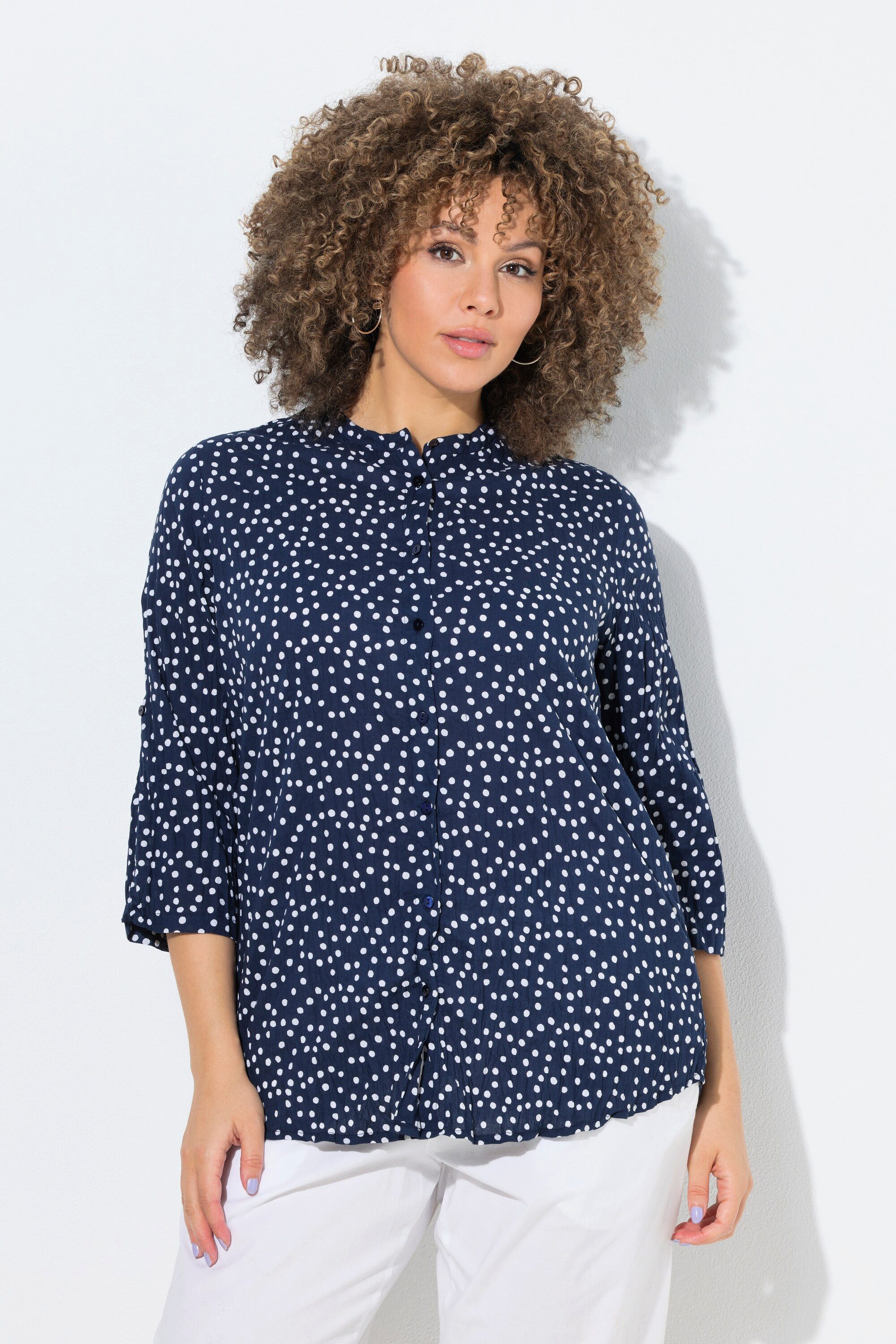 Ulla Popken Hemdbluse Bluse Crash-Optik Punkte Stehkragen 3/4-Arm