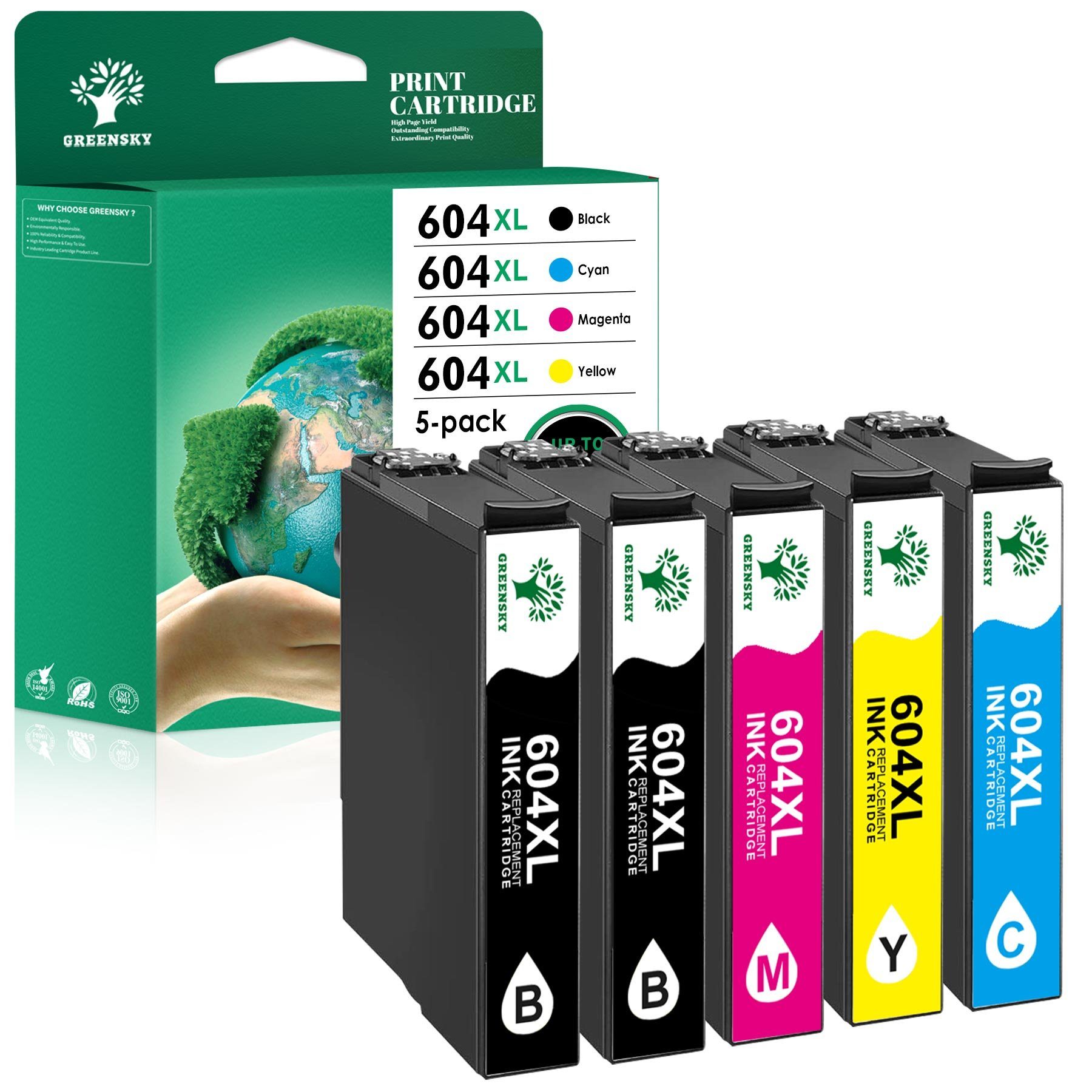 Greensky 5PK 604 XL für EPSON 604XL Druckerpatronen Tintenpatrone (WF-2910DWF WF-2930DWF WF-2935DWF WF-2950DWF, XP-2200 XP-2205 XP-3200 XP-3205 XP-4200 XP-4205) 2 Schwarz, 1 Cyan, 1 Magenta, 1 Gelb