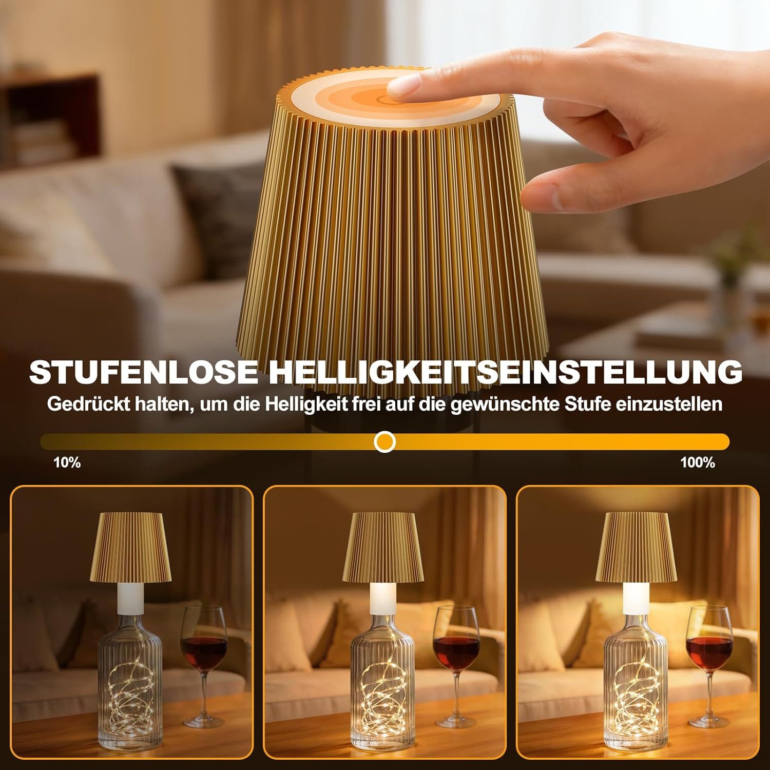 LaCute LED Dekoobjekt LED Flaschenlampe USB-C Akku Tischleuchte mit Lichterkette Gold, LED fest integriert, Kaltweiß (6000 K), Warmweiß (3000 K), Neutralweiß (4500 K), 3 Lichtfarben, stufenlos dimmbar, USB-C aufladbar LED-Lichterkette