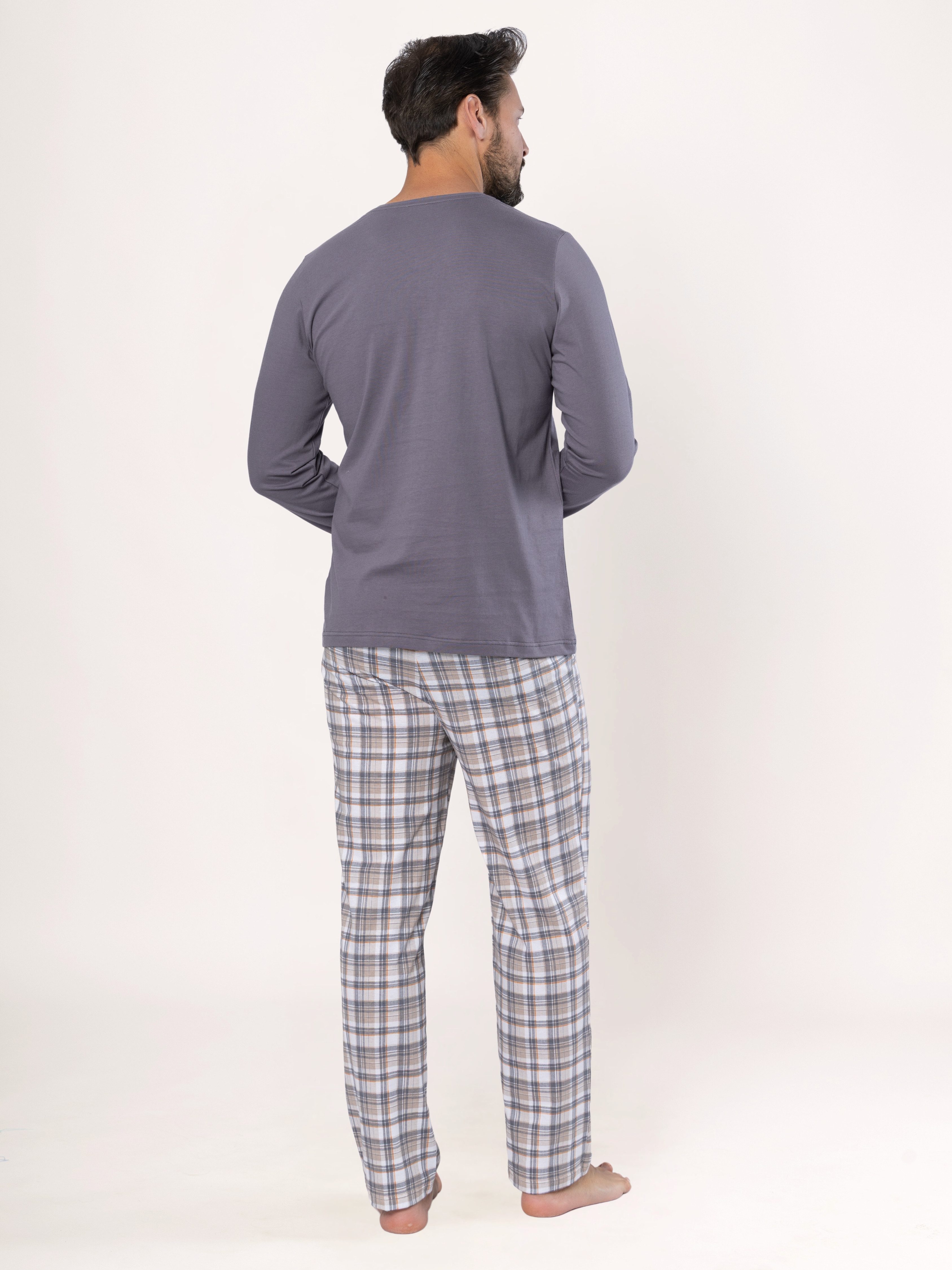 HOTBERG Pyjama langer Schlafanzug aus Baumwolle (2 tlg) Karo-Pyjamahose, Made in EU