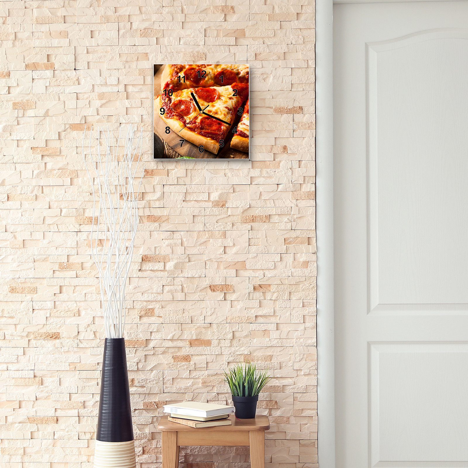 Motiv 30 Pizzaecke Wanduhr Größe Primedeco Wandkunst mit Glasuhr 30 cm x Wanduhr