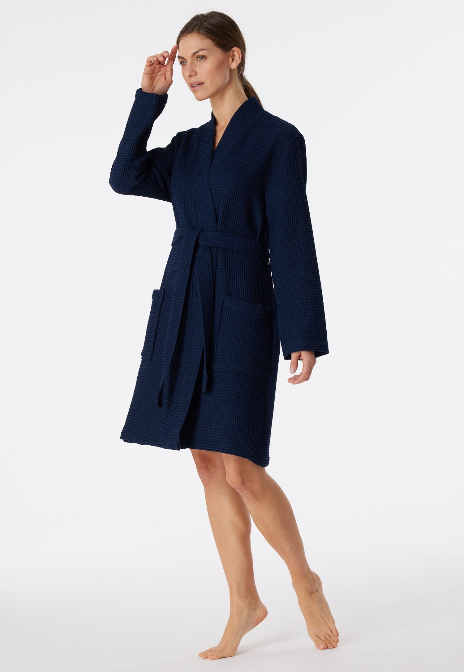 Schiesser Bademantel Waffle Piqué, Midilänge, Kimono-Kragen, Gürtel, aufgesetzte Taschen, Baumwolle, Waffelpiqué