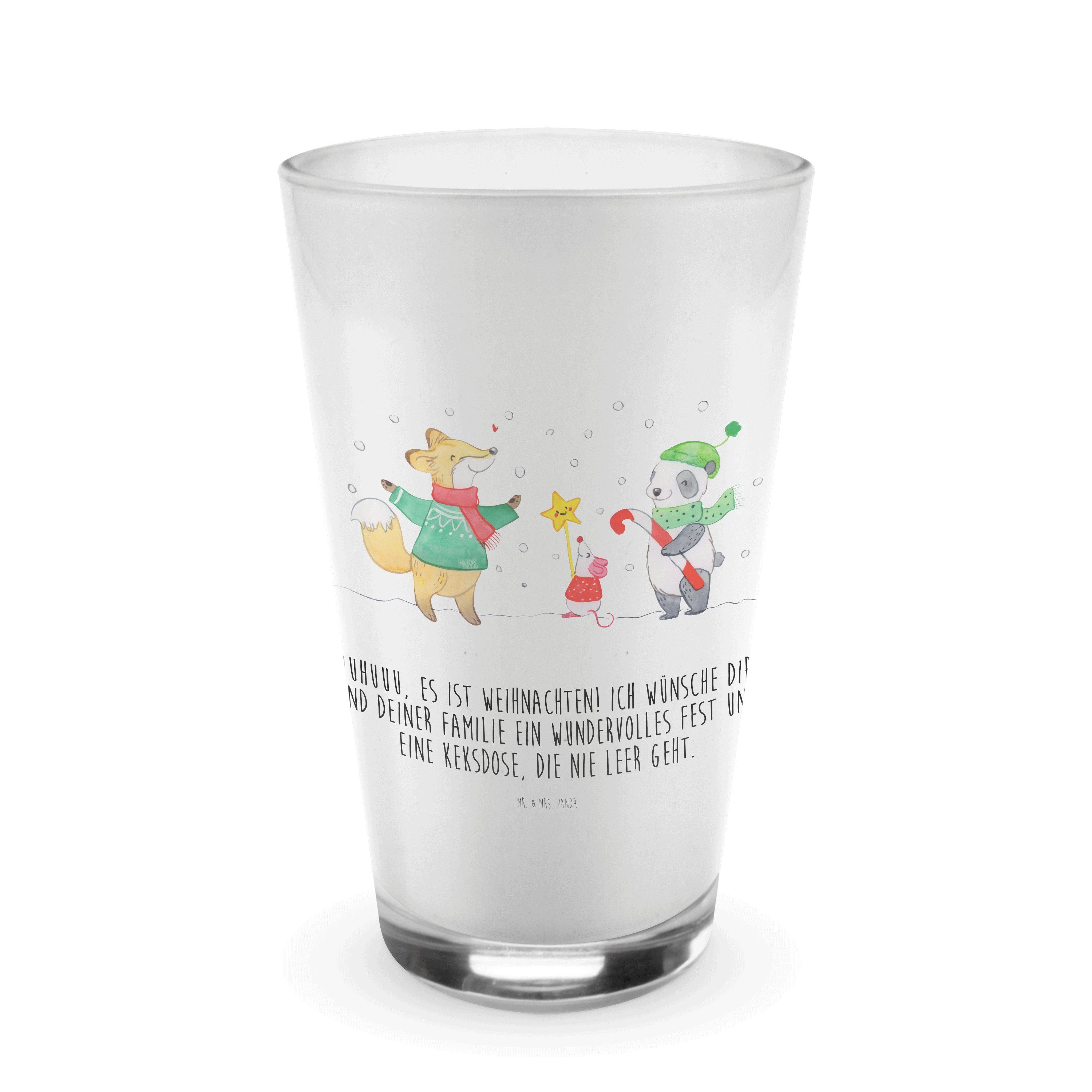 Mr. & Mrs. Panda Glas Winter Weihnachtsfreude - Transparent - Geschenk, Cappuccino Glas, Fu, Premium Glas