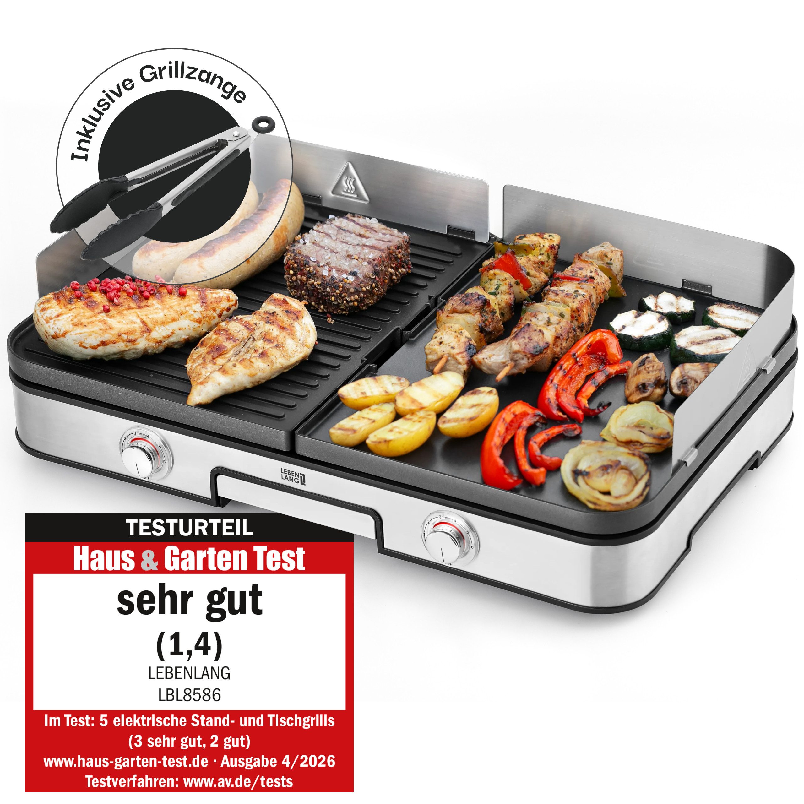 Lebenlang Tischgrill 2400W Elektrogrill inkl. Grillzange & Spritzschutz, 2400,00 W, 2 wendbare Grillplatten glatt/gerippt,2 Temperaturregler, In-&Outdoor