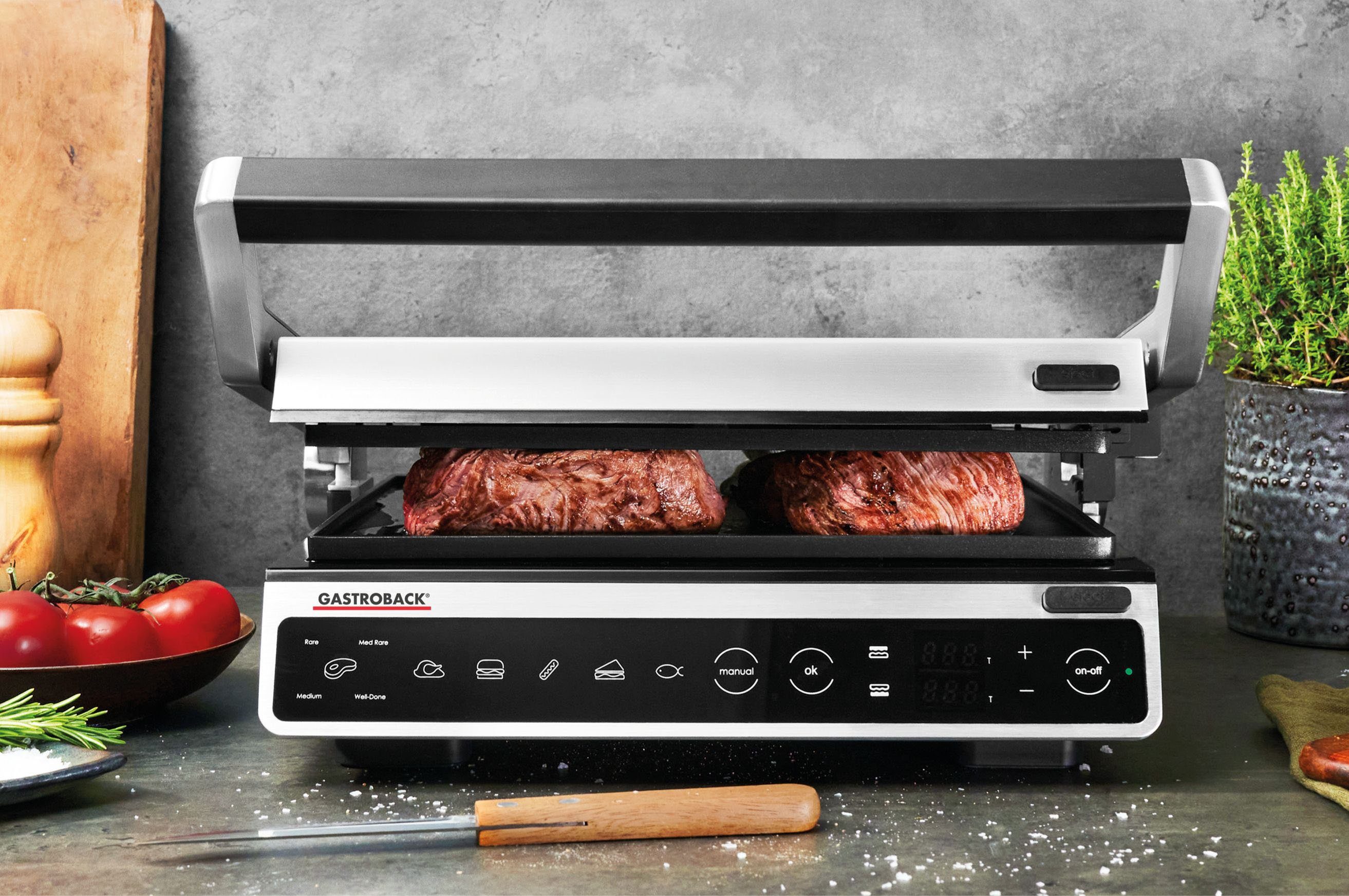 Gastroback Kontaktgrill 4 W, Steak-Programm Design Advanced BBQ mit Garstufen Smart, Medium, Rare, Medium 2000 (Rare, 42542 Well-Done)