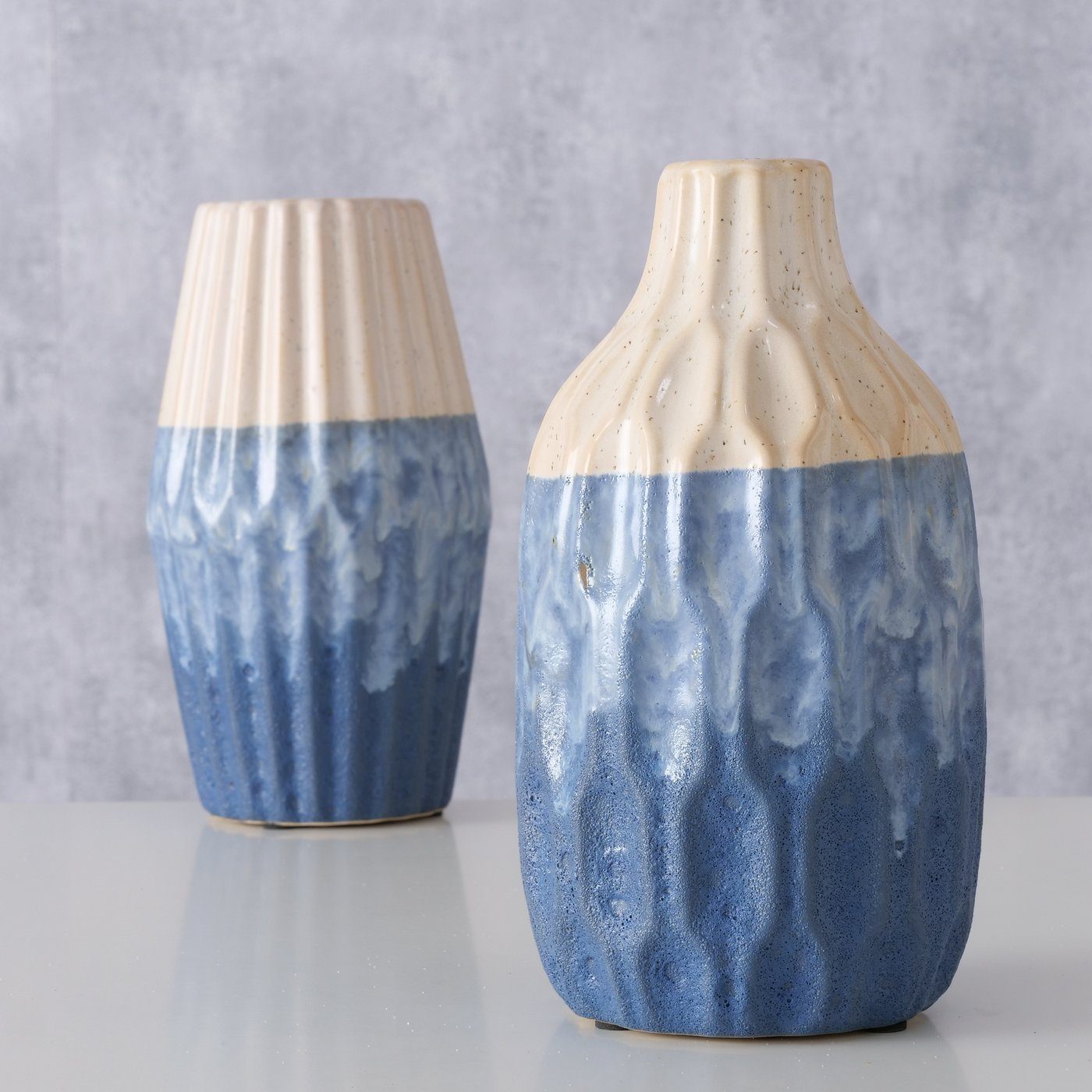 Blumenvase 2er Vase Set in Dekovase aus blau/beige, BOLTZE Keramik "Inma"