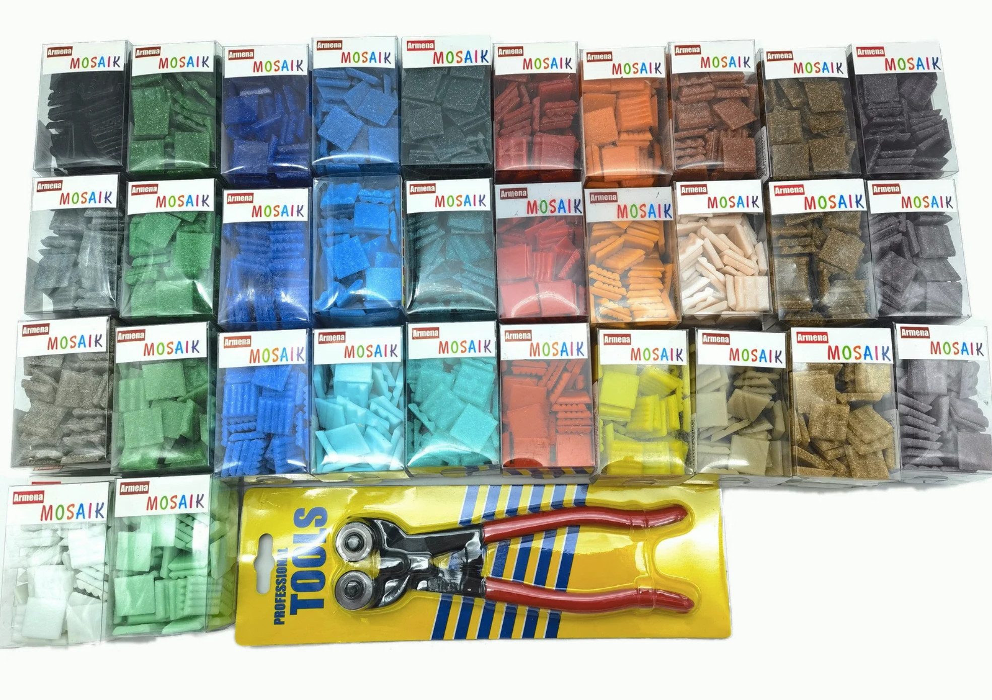 Armena Mosaikfliesen 32 Farben 2x2 cm Glasmosaikfliesen 260g pro Farbe, 32 Farben mit professionellem Glasschneider