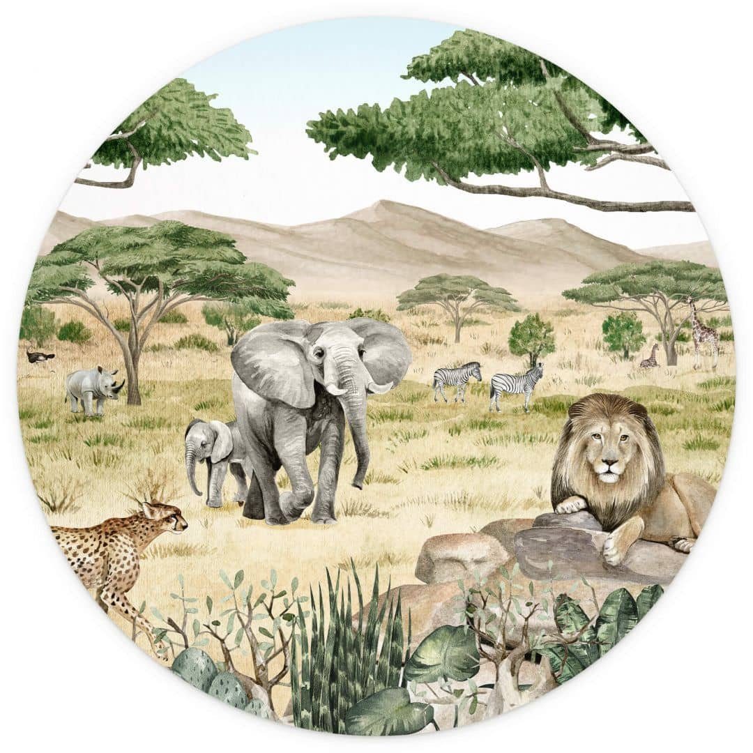K&L Wall Art Fototapete Kikki Belle - Die Savanne, Vliestapete, rund, Zoo Dschungel Tiere, große Kinder Motivtapete