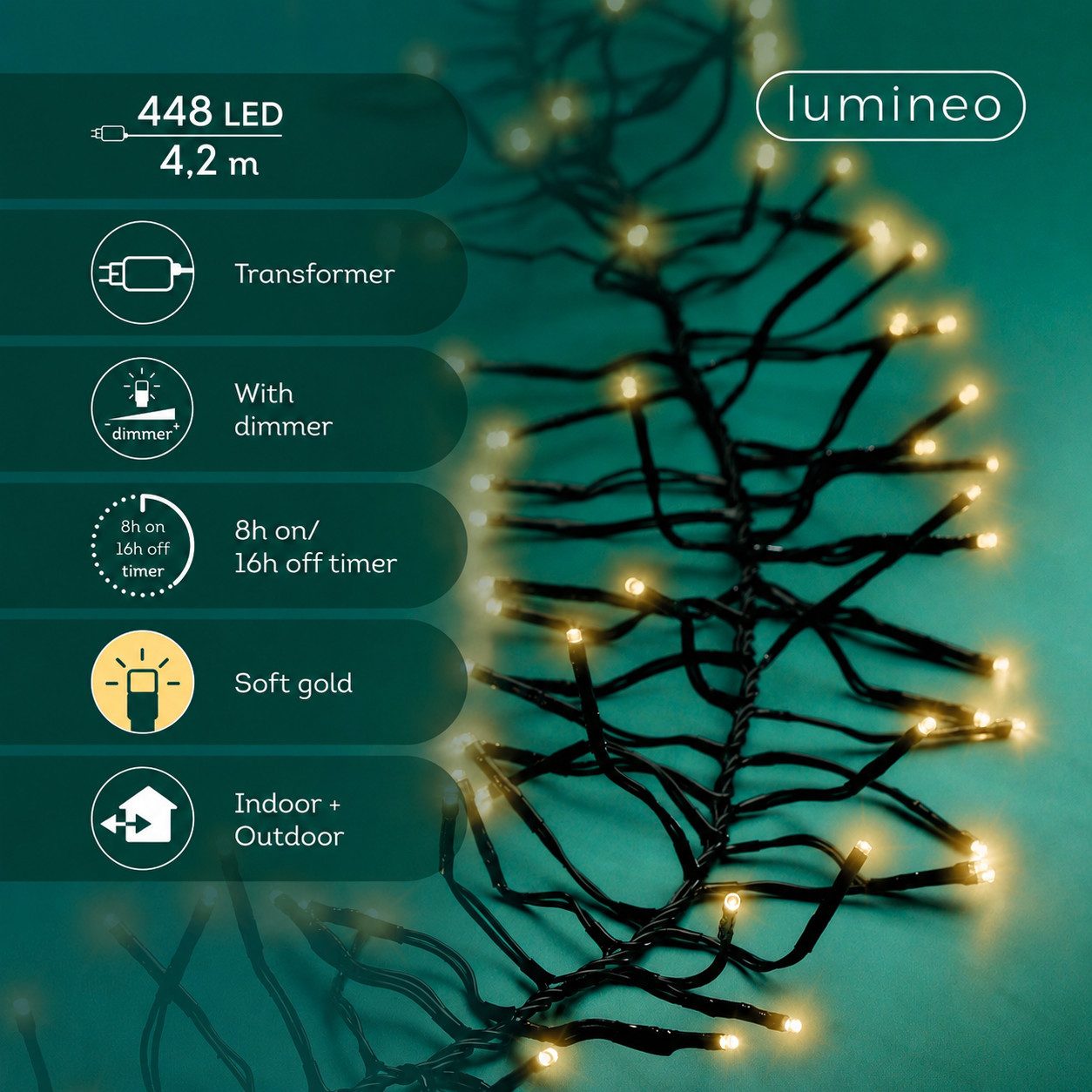 Lumineo LED-Lichterkette Lumineo Lichterkette CLUSTER 448 LED 4,2 m Soft Gold, schwarzes Kabel, Indoor/Outdoor, dimmbar, 8h-Timer, + 5 m Zuleitung – Bild 2 von 5