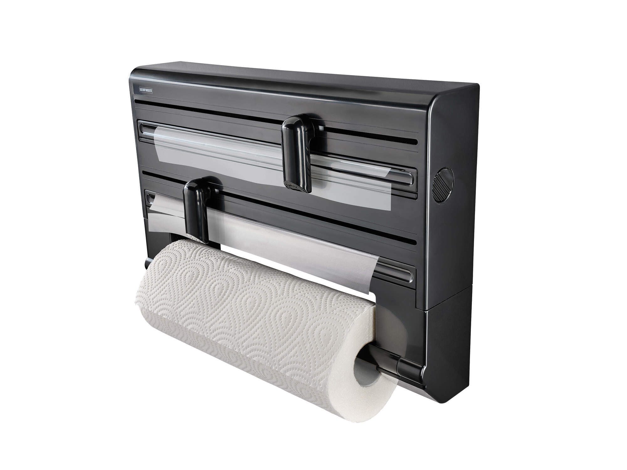 Leifheit Wandrollenhalter Wandrollenhalter Parat Black, (1-St), Für 3 Rollen, messerscharfe Klingen, modernes Design