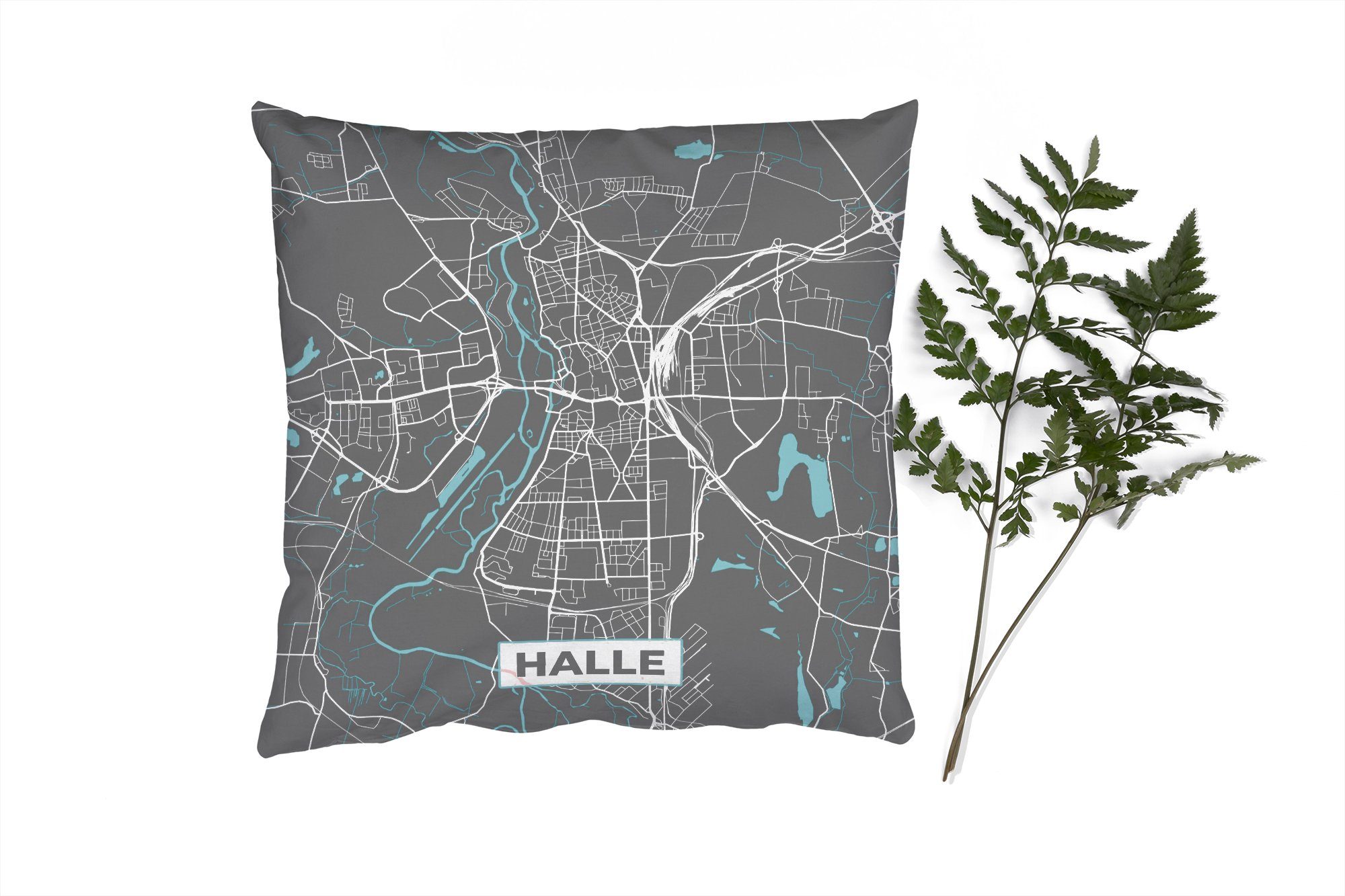 MuchoWow Dekokissen Stadtplan - Halle - Deutschland - Karte, Zierkissen mit Füllung für Wohzimmer, Schlafzimmer, Deko, Sofakissen