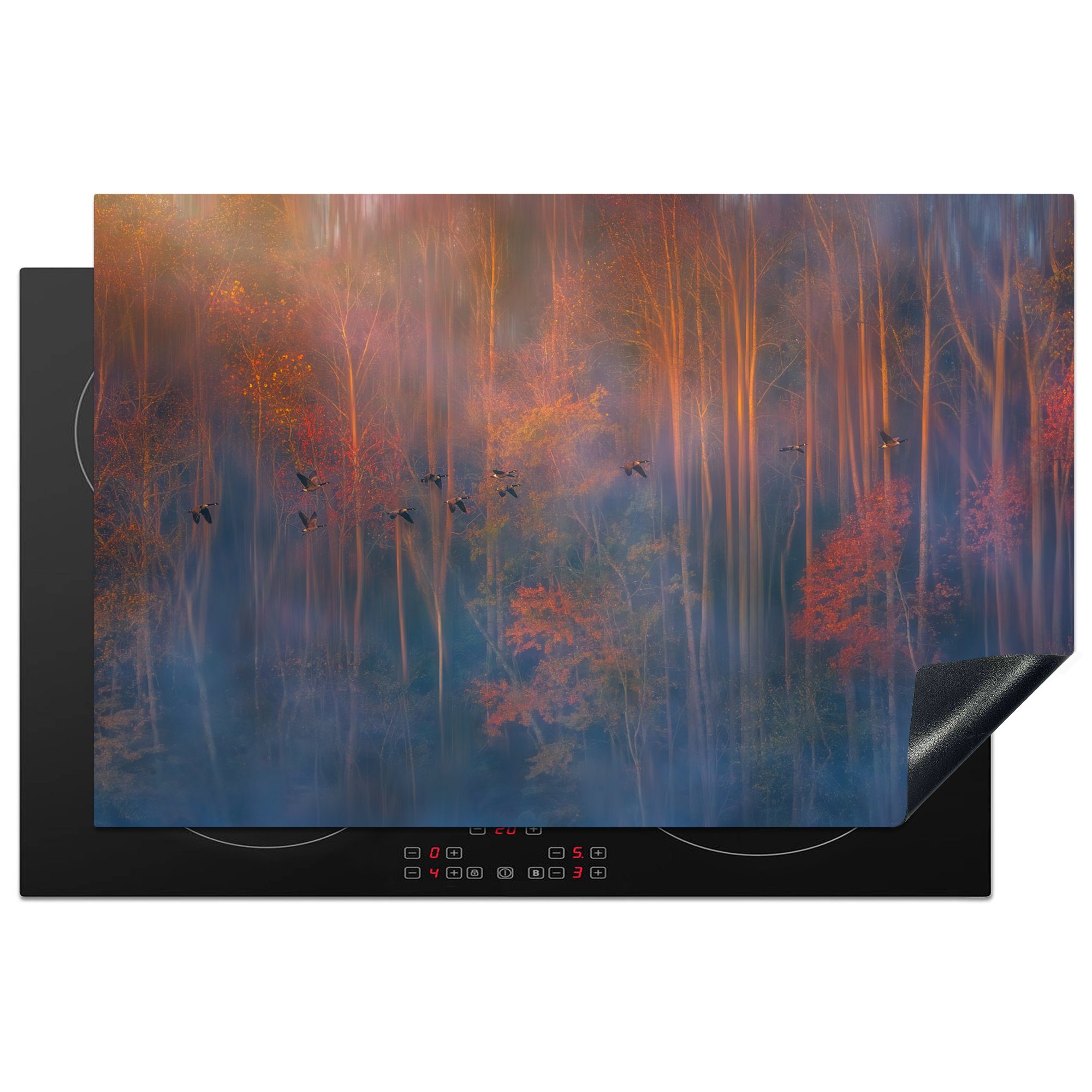Induktionskochfeld - Ceranfeldabdeckung 81x52 cm, Herdblende-/Abdeckplatte die Vinyl, Wald MuchoWow küche, für Schutz (1 Nebel, Herbst - tlg),