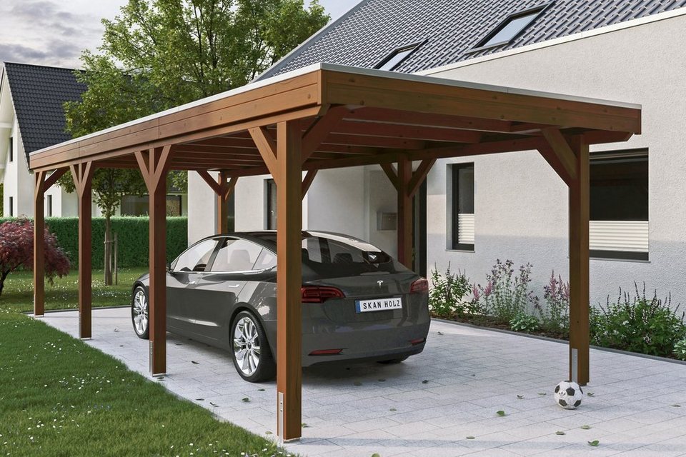 Skanholz Einzelcarport Grunewald, BxT: 321x796 cm, 289 cm Einfahrtshöhe,  mit EPDM-Dach, Flachdach-Carport, farblich behandelt in nussbaum