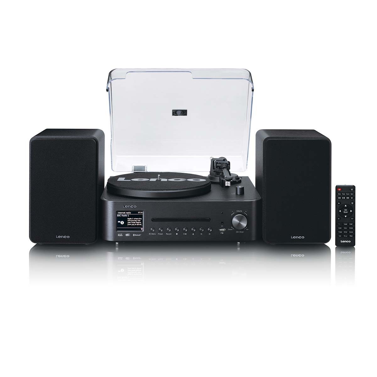 Lenco MC-760BK Plattenspieler (Bluetooth®, Internetradio, DAB+, CD, Plattenspieler, Spotify, Lautsprecher, WLAN)