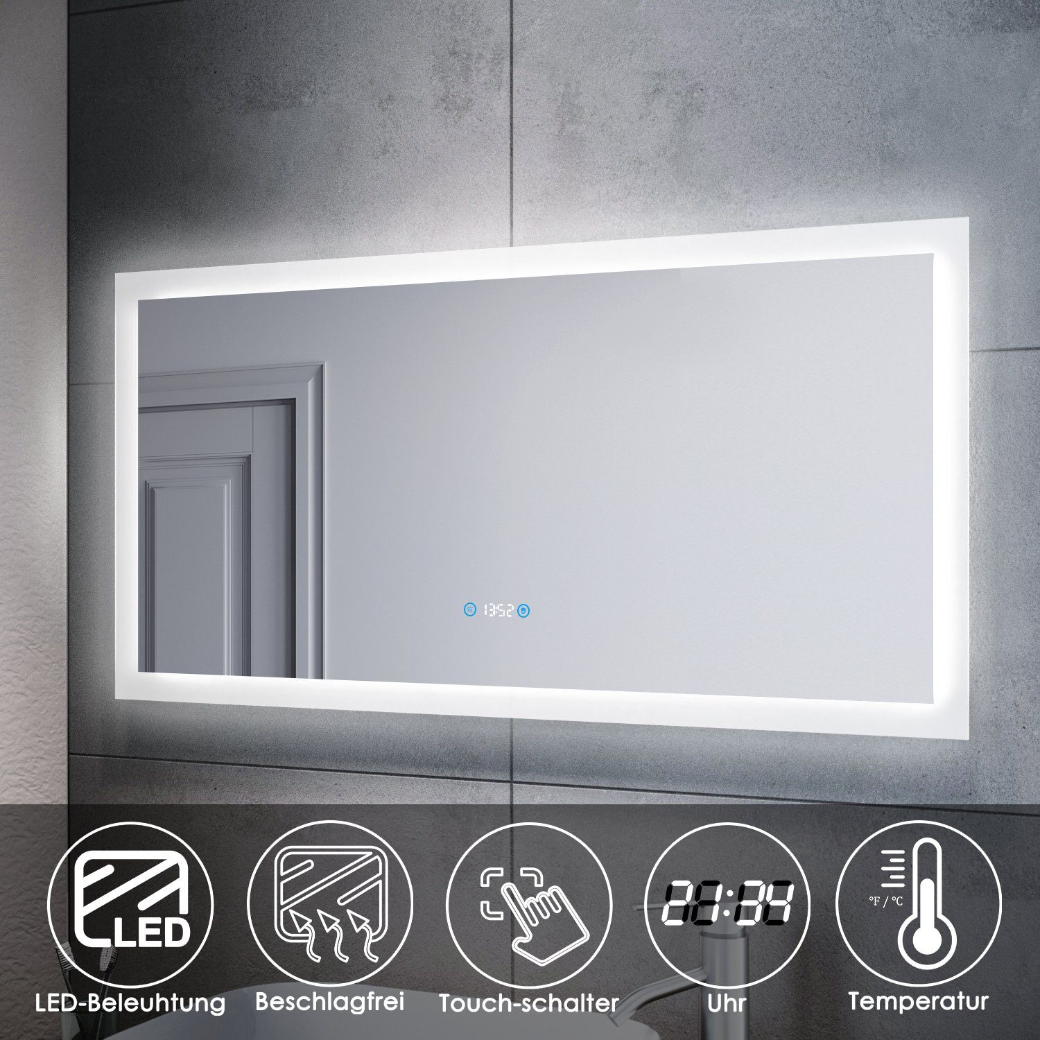 beleuchtung 120x60 Beschlagfrei,Touch,Uhr,Temperaturanzeige Badspiegel Beschlagfrei, led Badspiegel mit cm SONNI