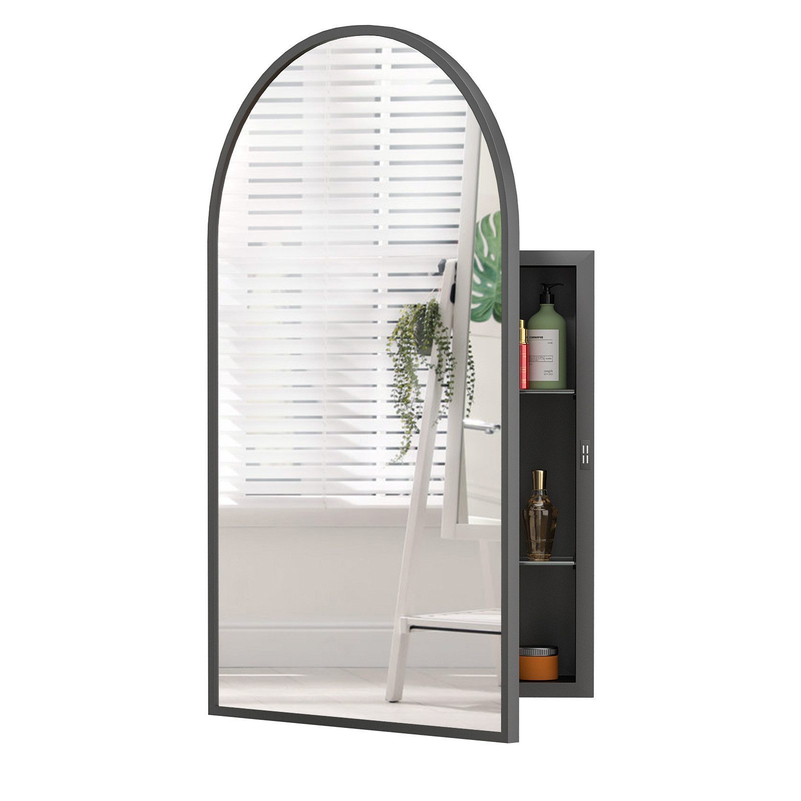 radelldar Badezimmerspiegelschrank Metallischer Hängeschrank mit Spiegel, Wandmontiertes Badschrank (1-St) Elegantes Bogen-Design, mit Einstellbaren Glasregalen, 42x68 cm