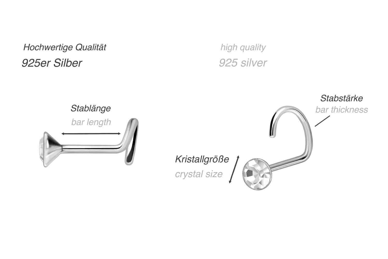 PIERCINGLINE Nasenpiercing 925er Silber Nasenstecker Spirale KRISTALL (Nasenstecker, 1-tlg)