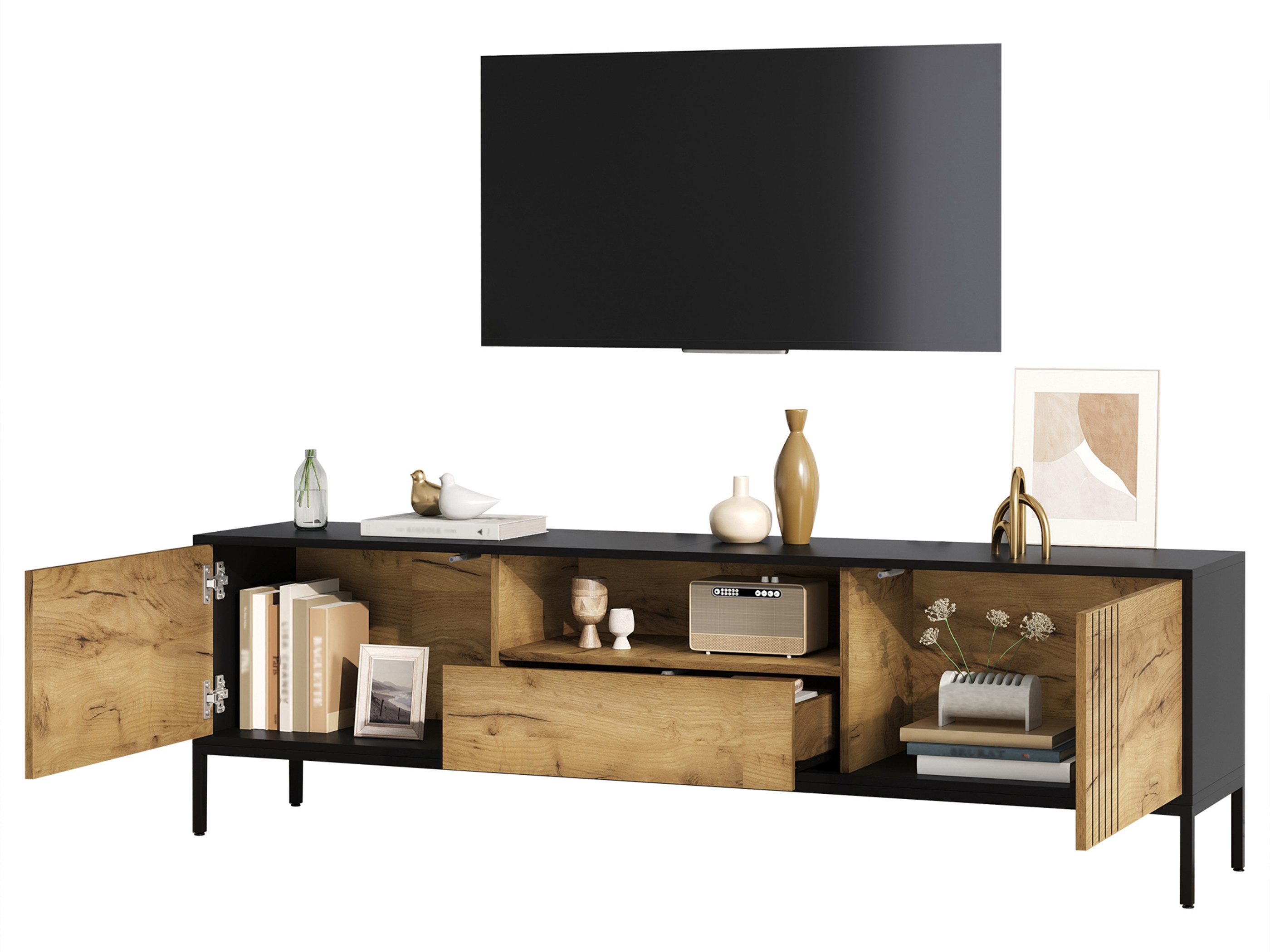 SeedWave Lowboard Moderner TV-Schrank 170cm mit Grifflosen Schublade & Gestreiften Türen, Fernsehschrank mit verstellbaren Stützfüßen, Kabeldurchführung