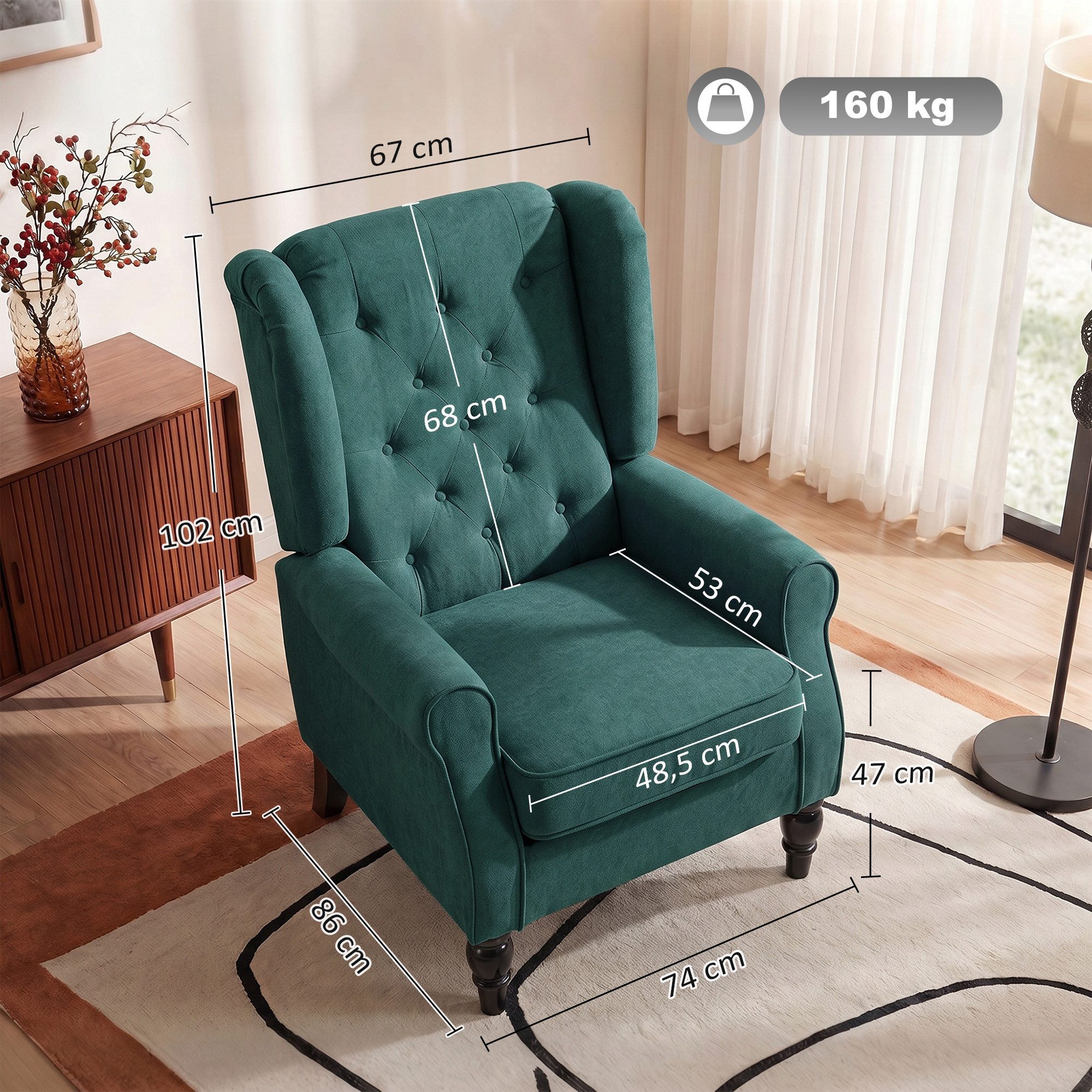 HOMCOM Sessel Ohrensessel Armlehnensessel mit Kissen und Holzbeinen (Loungesessel, 1-St., Gepolstert Relaxsessel), für Wohnzimmer, Schlafzimmer, Dunkelgrün