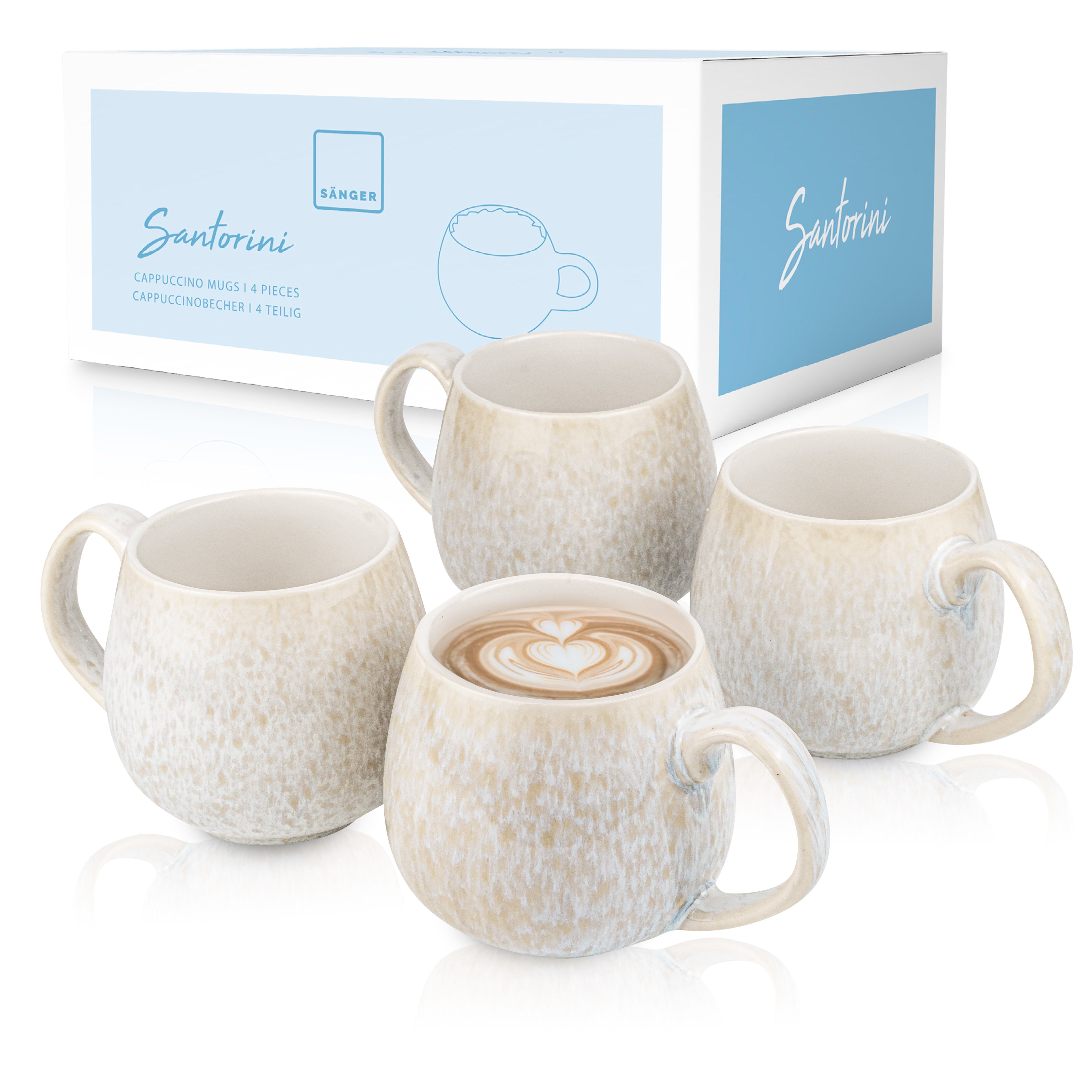 SÄNGER Becher Santorini Kaffeebecher Set (4-teilig), 4-tlg., Steingut, Cremefarben mit Flieder Blauem Verlauf, Handmade, Premium Collection