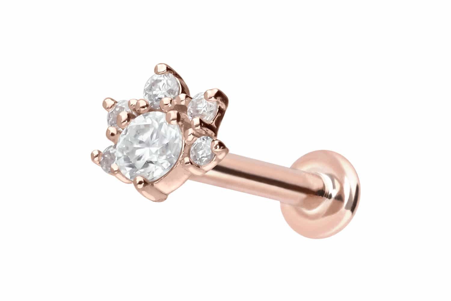 Piercing-Set 14 Karat Gold Labret mit Innengewinde MOISSANIT-BLUME