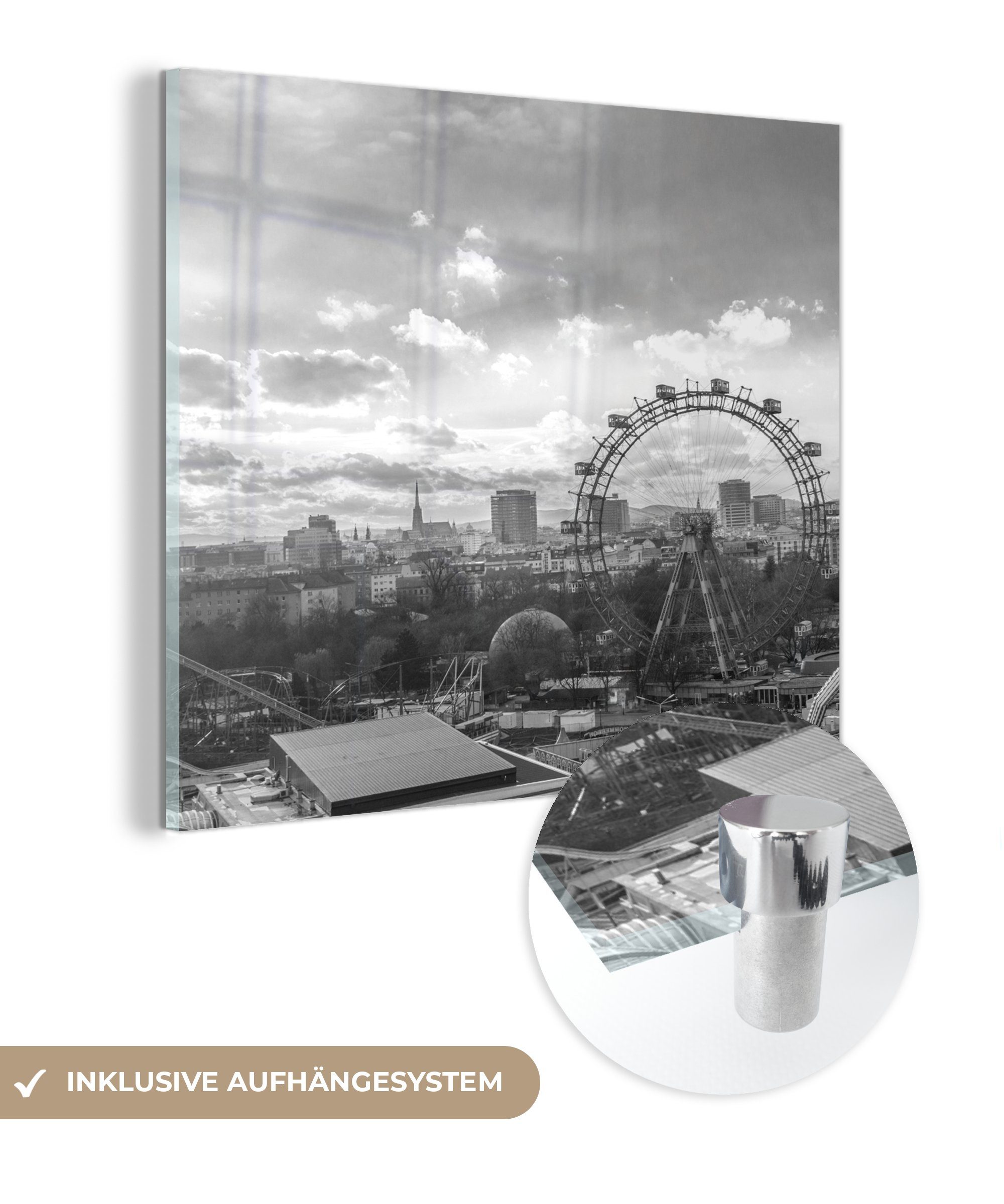 - Wien - Foto und weiß, Riesenrad Bilder MuchoWow (1 Wandbild auf auf Acrylglasbild Glas schwarz St), Wanddekoration - Glasbilder Glas -