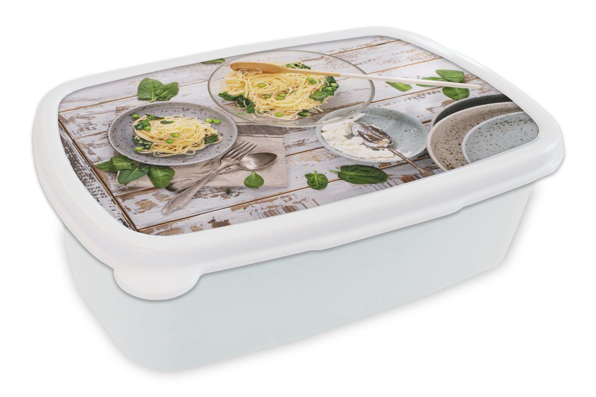 MuchoWow Lunchbox Nudeln - Basilikum - Kochen, Kunststoff, (2-tlg), Brotbox für Kinder und Erwachsene, Brotdose, für Jungs und Mädchen weiß