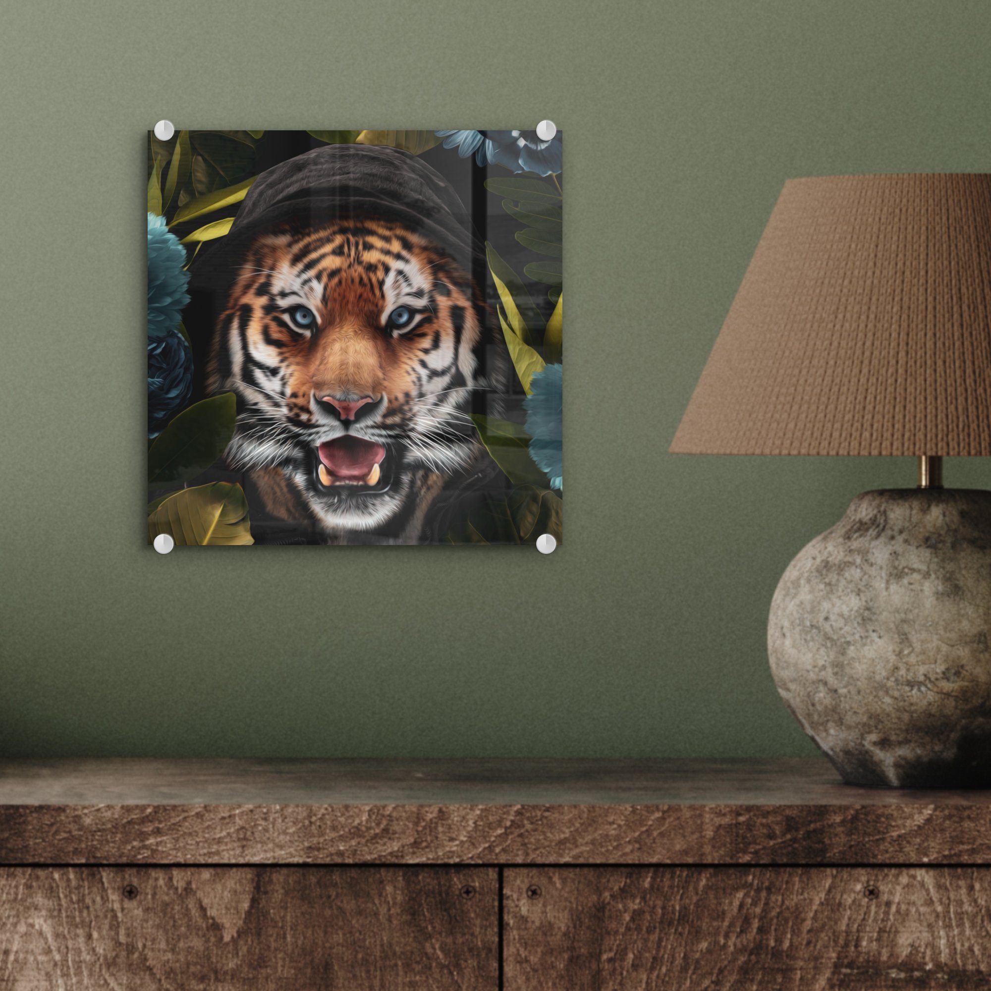 MuchoWow Acrylglasbild Tiger Bilder auf - Foto St), (1 Glas - Blumen Wandbild Glasbilder - Wanddekoration - Blau, Glas - auf