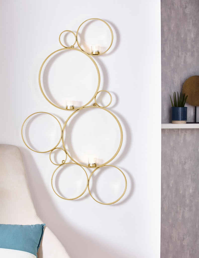 Leonique Wandkerzenhalter »Kreise, gold«, Kerzen-Wandleuchter, Wanddeko, mit 3 Teelichthalter, dekorativ im Wohnzimmer & Schlafzimmer