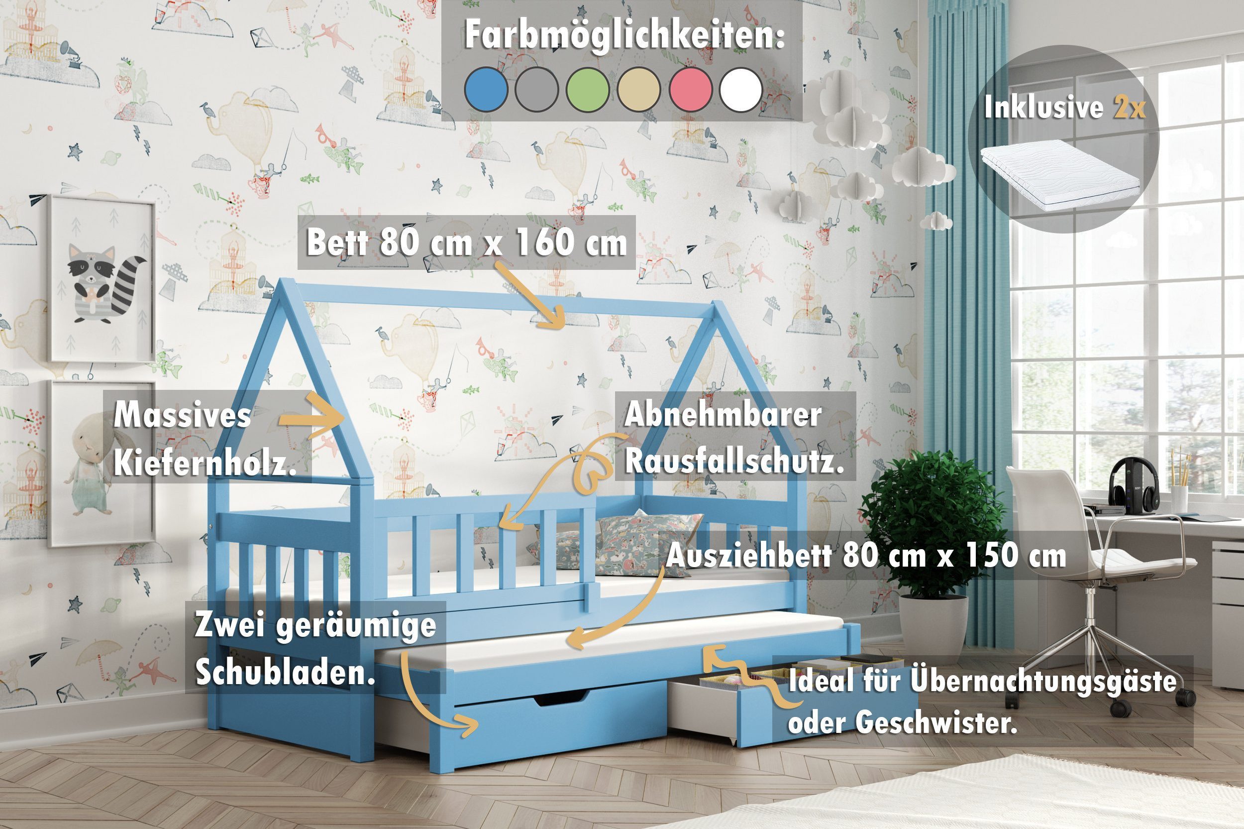 thematys Kinderbett mit Rausfallschutz und Ausziehbett günstig online kaufen