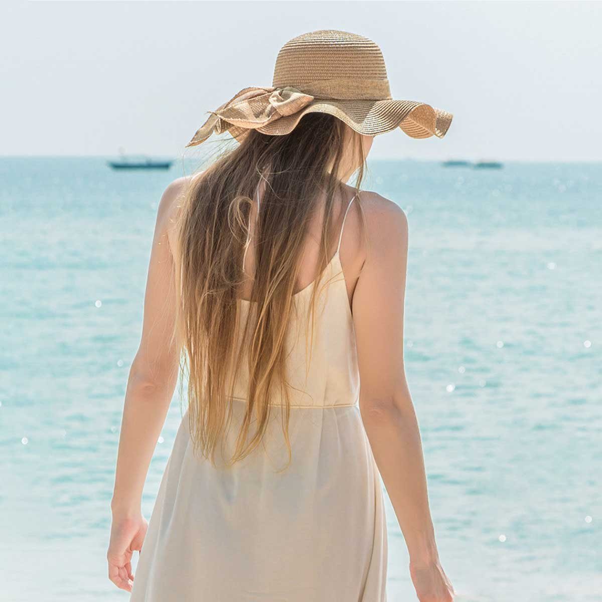 Vivi Idee Strohhut Sonnenhut Sommerhut Strandhut Straw hat, Damen faltbar, Einheitgröße wellenförmiger Rand – Bild 5 von 5