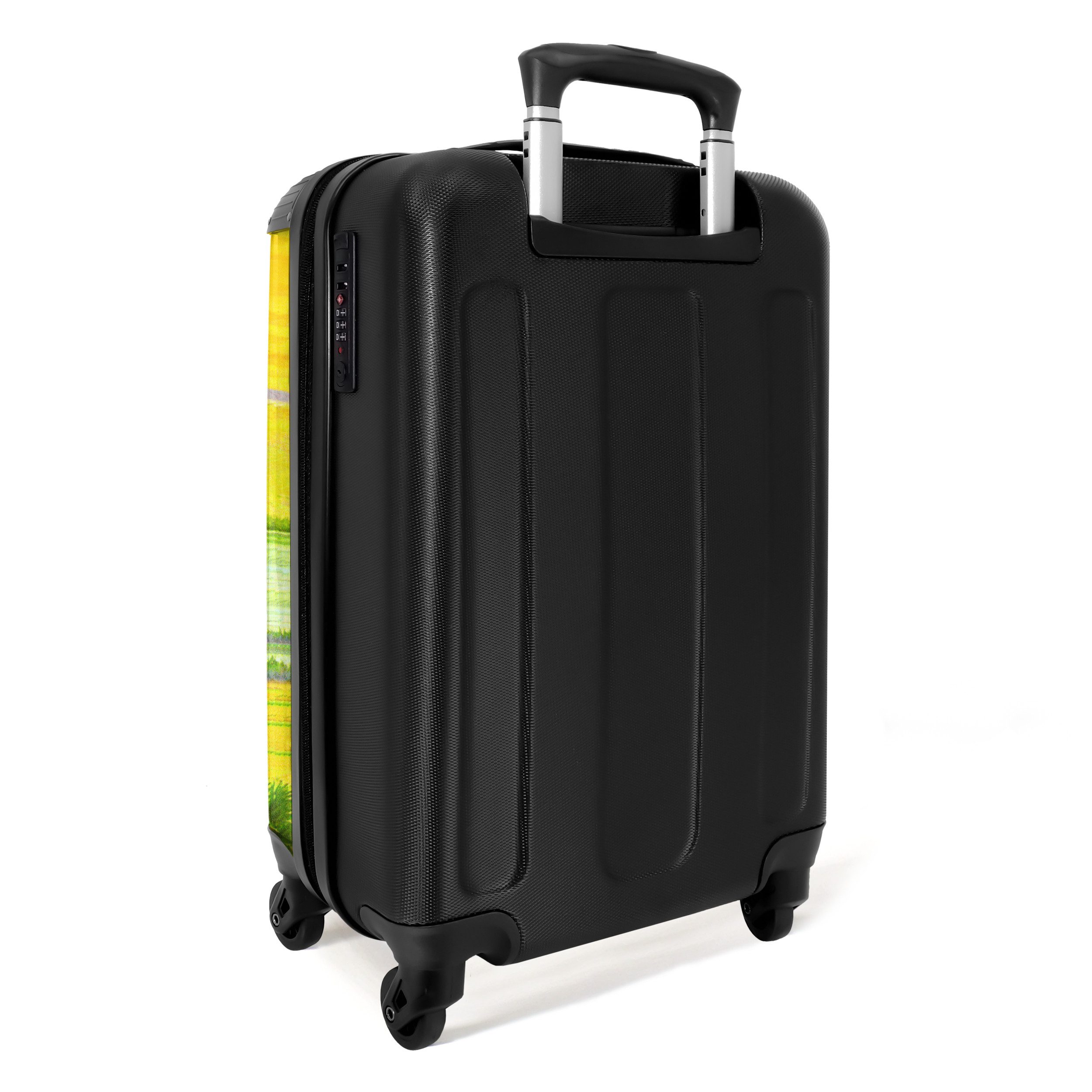NoBoringSuitcases.com© Kinderkoffer Dino - Illustration - Gelb - Jungen 55x35x20cm, 4 Rollen, Handgepäck Koffer, Hartschalenkoffer Kinder, Reisekoffer Jungen
