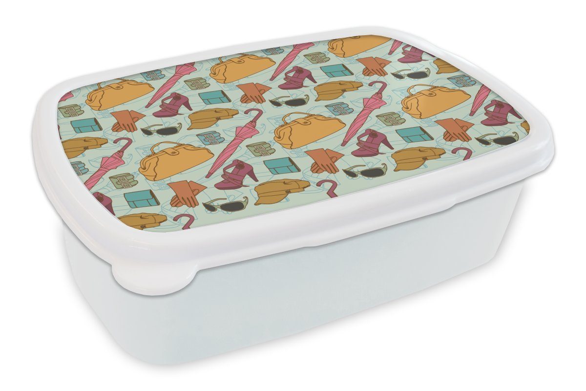 MuchoWow Lunchbox Kleidung - Regenschirm - Jahreszeiten - Design, Kunststoff, (2-tlg), Brotbox für Kinder und Erwachsene, Brotdose, für Jungs und Mädchen weiß