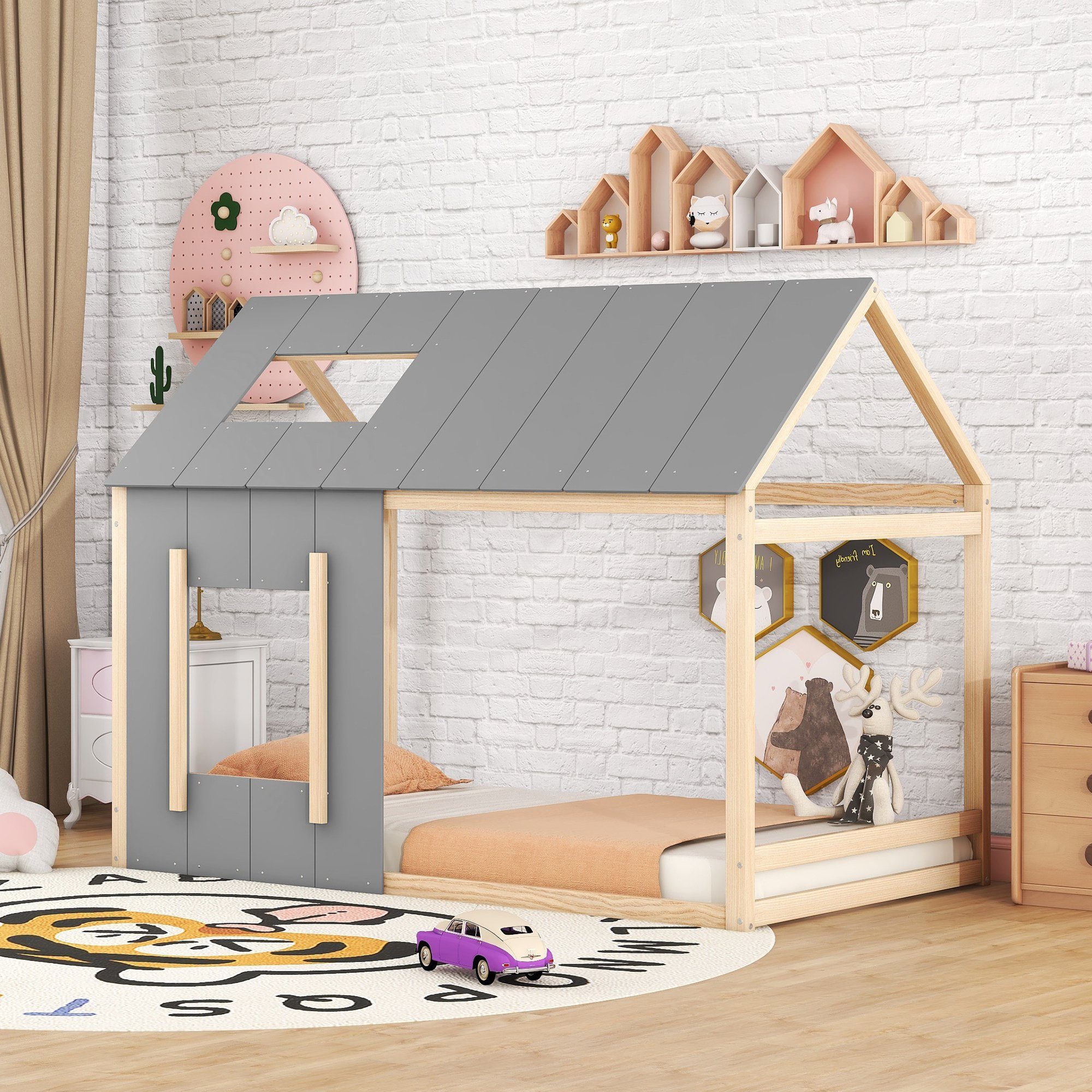 SOFTWEARY Kinderbett Hausbett mit Lattenrost mit grau-natur Kiefer Einzelbett cm), Rausfallschutz, (90x200