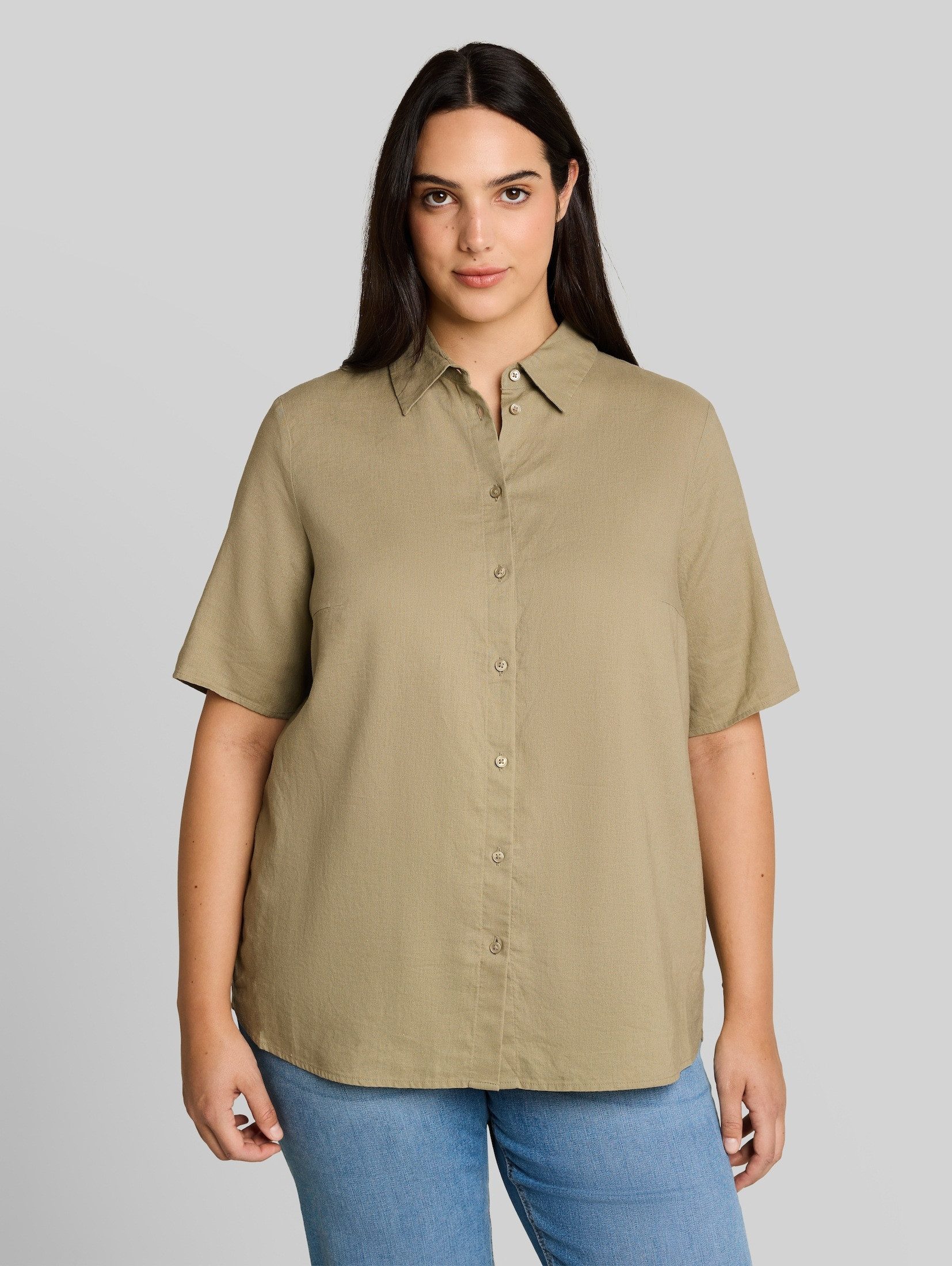 TOM TAILOR PLUS Kurzarmbluse Blusen & Shirts Plus Size - Loose Fit Bluse mit Leinenanteil