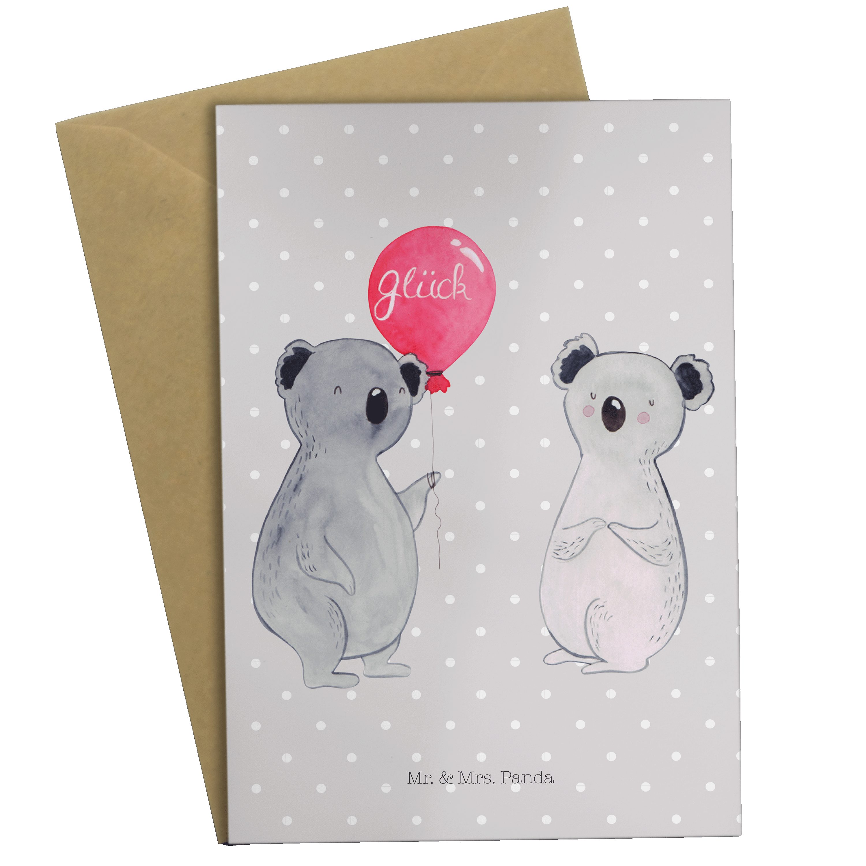Mr. & Mrs. Panda Grußkarte Koala Luftballon - Grau Pastell - Geschenk, Einladungskarte, Party, K