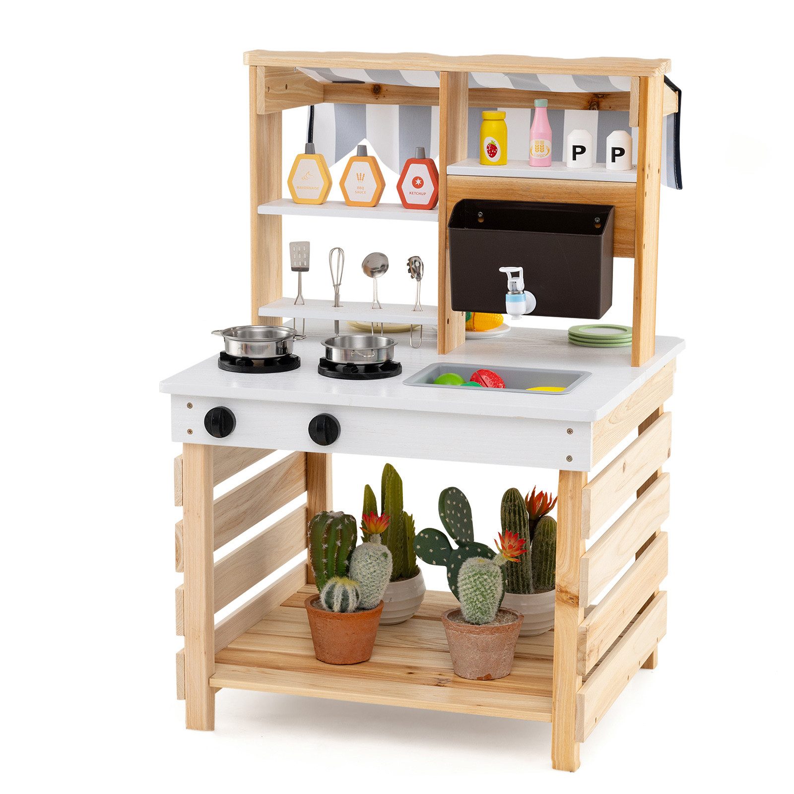 COSTWAY Spielküche, 2 in 1 Kinderküche aus Holz mit Wasserhahn