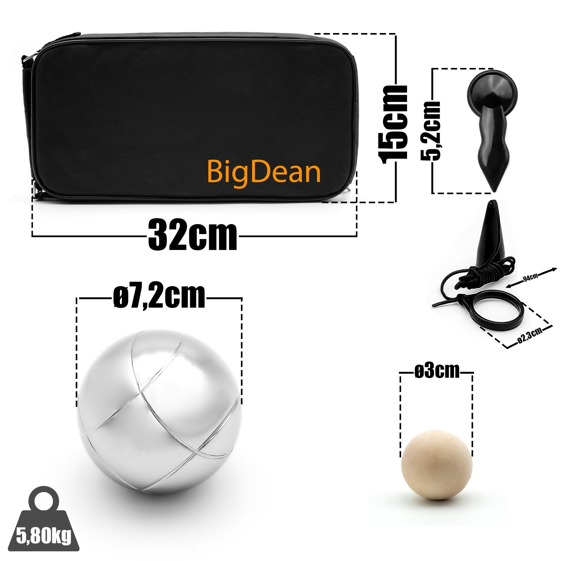 BigDean Spielball Boule Set mit 8 Boule Kugeln aus hochwertigem Edelstahl (Set, 1-St., 8 Spielkugeln, 2 Zielkugeln), Hochwertige Edelstahl Kugeln, 4 Designs leichtes erkennen der Kugeln